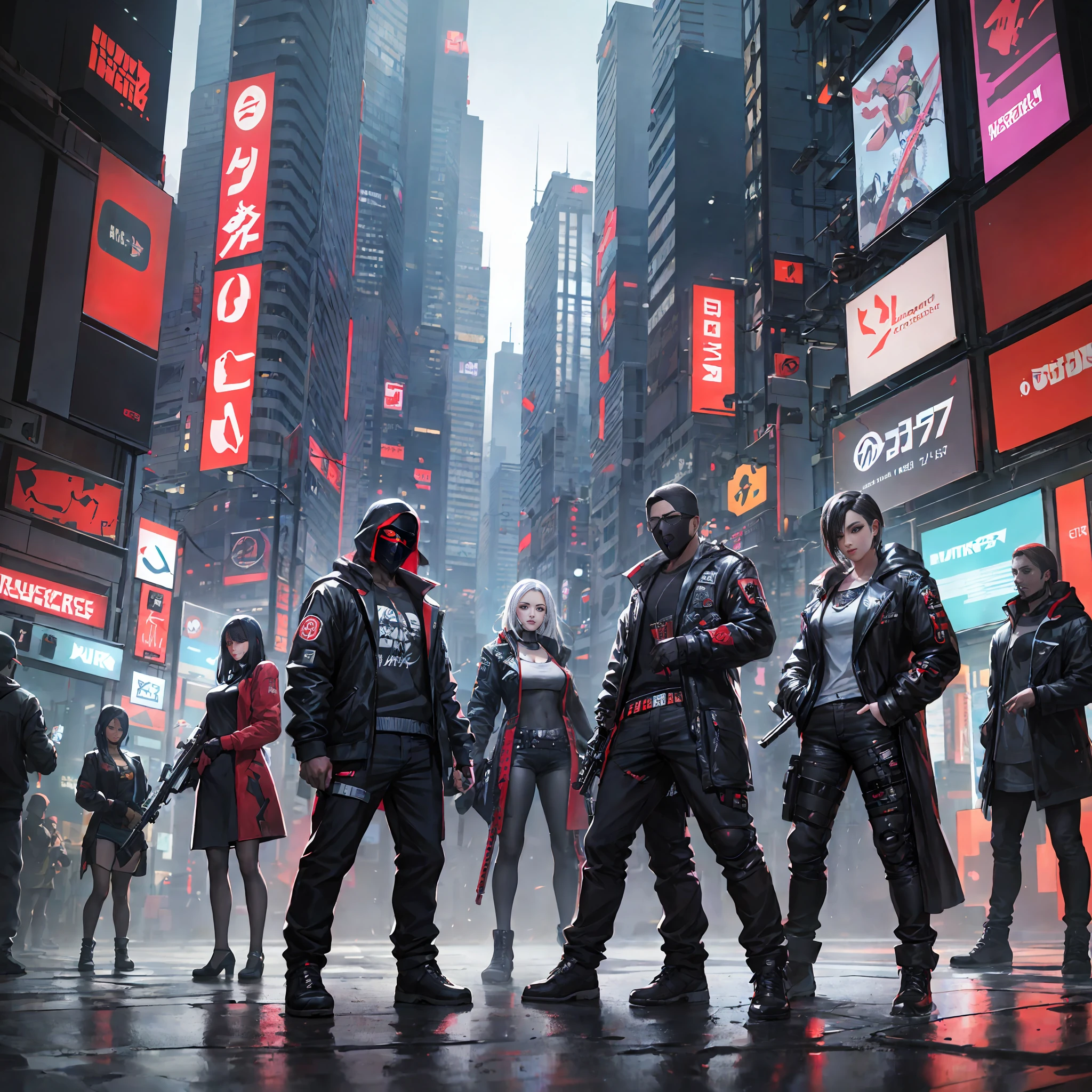 arafed image of a group of people with weapons and masks, cyberpunk horror style, cyberpunk dark fantasy, cyberpunk outfits, has cyberpunk style, cyberpunk techwear, cyberpunk))), cyberpunk art style, style of cyberpunk, cyberpunk style, modern cyberpunk, cyberpunk vibrant colors, style of cyberpunk 2 0 7 7, more and more cyberpunk, in cyberpunk style