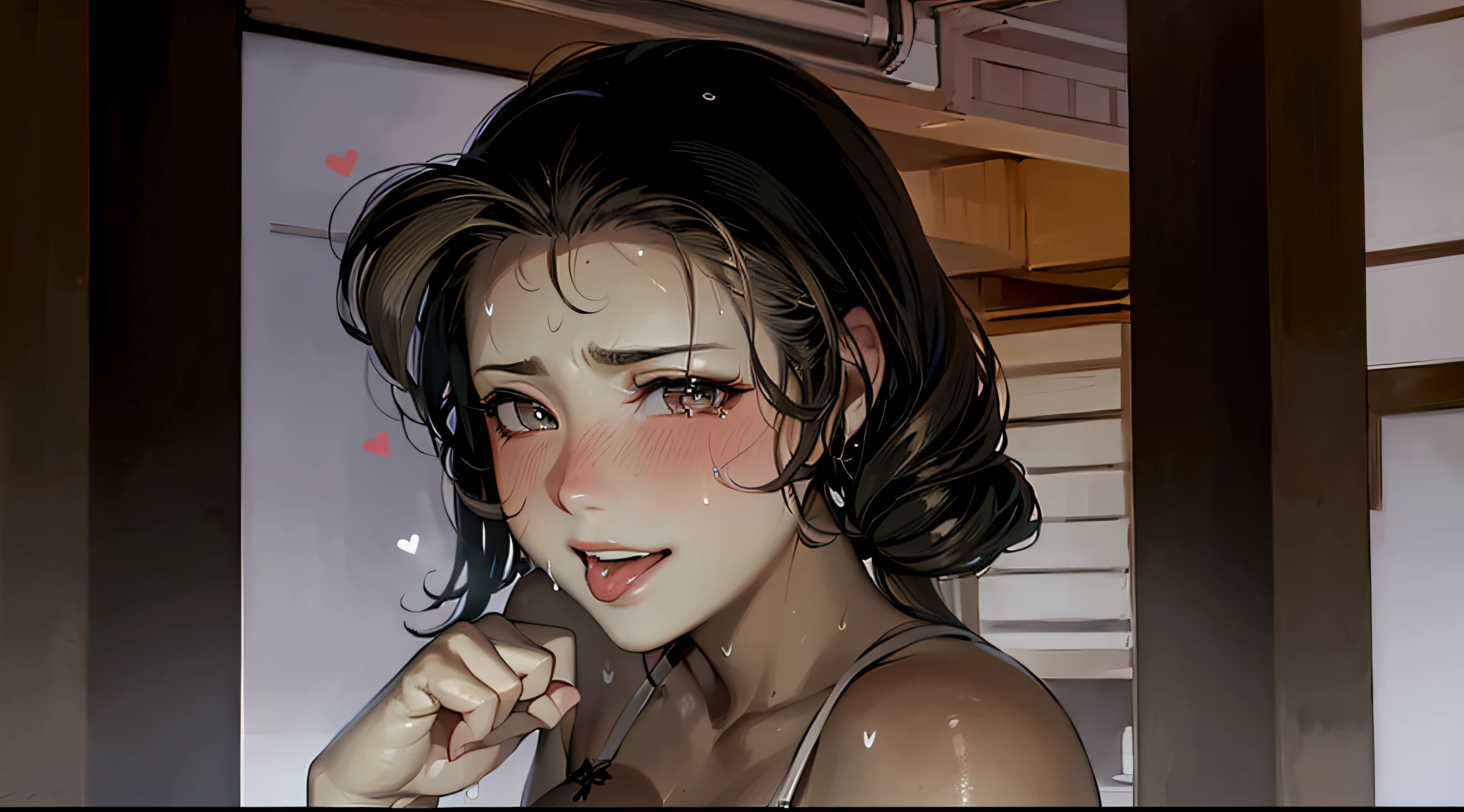 Blonde ponytail, busty, (grabbing breasts:1.3), (naked:1.3), (see-through lingerie:1.3), (grabbing breasts:1.3), (sweaty:1.4), (sexy pose:1.4), (blushing face:1.4), smiling, tongue out, ((heart-shaped pupil))