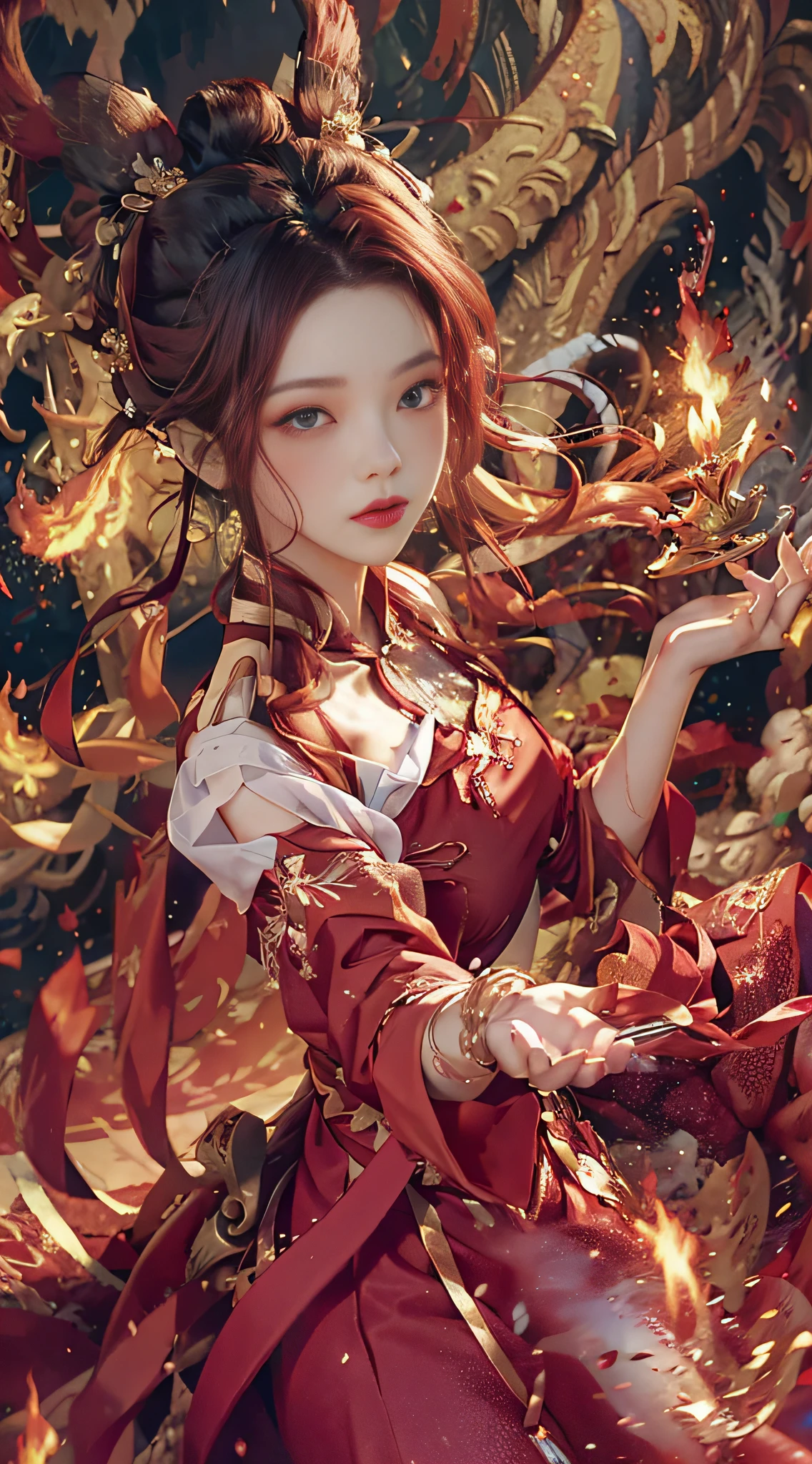 Masterpiece, top quality, best, official art, beautiful and aesthetic, long exposure: 1.2, smooth movement, palace, charming pattern, 1 girl, (long skirt with sleeves: 1.3), ((red hair red clothes red glitter eyes))), upper body close-up, no shoulders, Chinese girl, blush, black lob hair, portrait, solo, close-up, gaze observer, detailed background, detailed face, (crystallineAI, crystalline Theme: 1.1), Elemental Fire Sprite, Spin Flame, Control Flame, Red Clothes, Dynamic Pose, Floating Particles, Ethereal Power, Flame, Vapor, Ethereal Atmosphere --Naji5 --AR4:3 --S750 --Q2 --v6