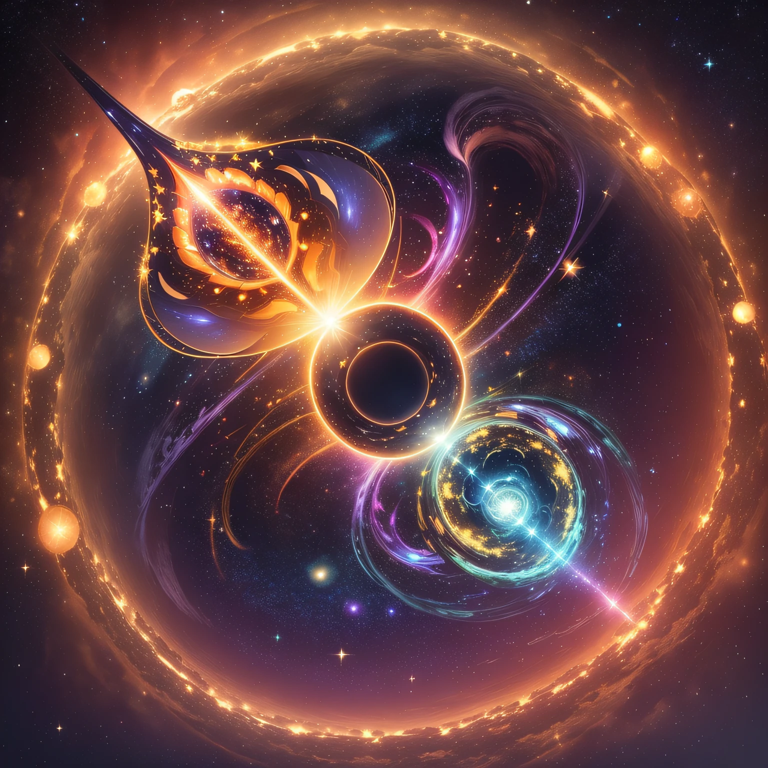 Galaxy formed by different esoteric symbols of different cultures and different colors, forming among them patterns of golden ratio --auto