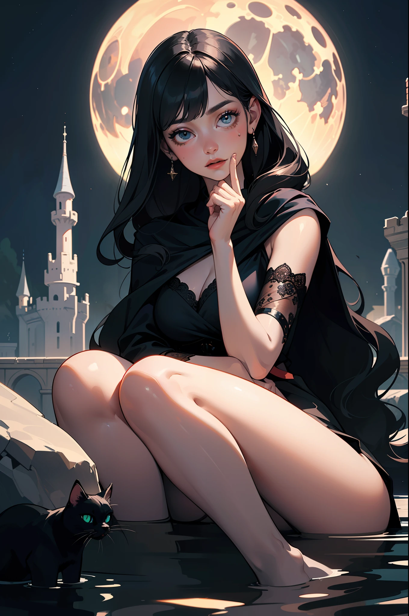 [Detailed illustrations, art based on extremely ideal anatomy, very detailed and detailed drawings, slow and delicate lines, realistic texture expression],((Color tressed main lines)),(Midnight ruins (Background of a stone castle leaking in the moonlight)) Full Moon,Vampire Girl Japanese Beauty ((Beautiful but sick face, sunken eyes)) Skinny age 13 ( Delicate and bony figure) Bare feet ((straight cropped bangs)) Fine beautiful straight long hair (black cat),(beautiful skin shining on the moon (pale skin)),Cloak of darkness (ribbon lace embroidery),(ephemeral melancholy)) (Moonlight))) Gravure (Seated) ((Tindall effect)),(((Dark fantasy)),(Artwork of outstanding virtuosity),( High-level built design,((Advanced structural understanding of materials)),Ideal color coordination),((Fine and beautiful skin expression (transparency))),((Lustrous hair details)),((Perfect finger details)),((Clear gaze)),((Long and beautiful eyelashes: 0.4)),((Perfect eye details (Beautifully drawn eyes))),( Beautiful Perfect Face (Realistic Face Details: 0.5)),((Proportioned Perfect Proportions: 1.2)),((Artistic Decoration)) ((Dense Detail)),((Detail,High Definition)),((Accurate simulation of light-material interactions, understanding of air flow,Mechanically correct representation)),[(Precision Detail),((Multilayer Texture)), HighQuality,High Resolution],((Visual art that conveys narrative)).