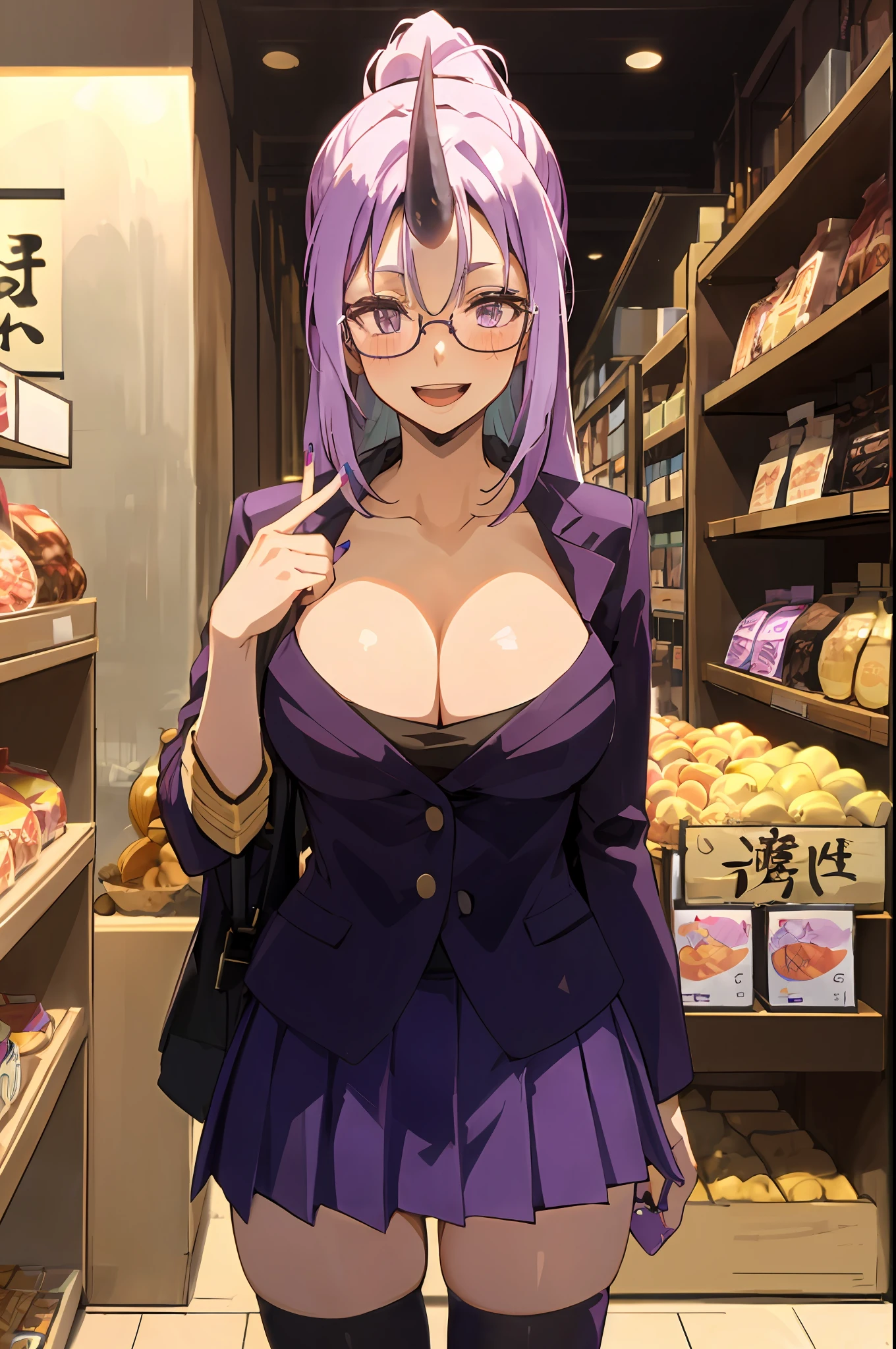 Shion, ((horn)), 1 black middle horn, 1girl, solo, hip hop shirt, jacket, cool glasses, oversized t shirt, black thighhighs, breasts, cleveage, pleated skirt, hair between eyes, large breasts, long hair, looking at viewer, light purple hair, purple short nails, solo, thighhighs, thighs, long hair, ((masterpiece)), tokyo city, japanese store, japab road, tokyo tower, standing, sexy pose, blush, shy, smile, open mouth, detailed hand, beautifull finger,