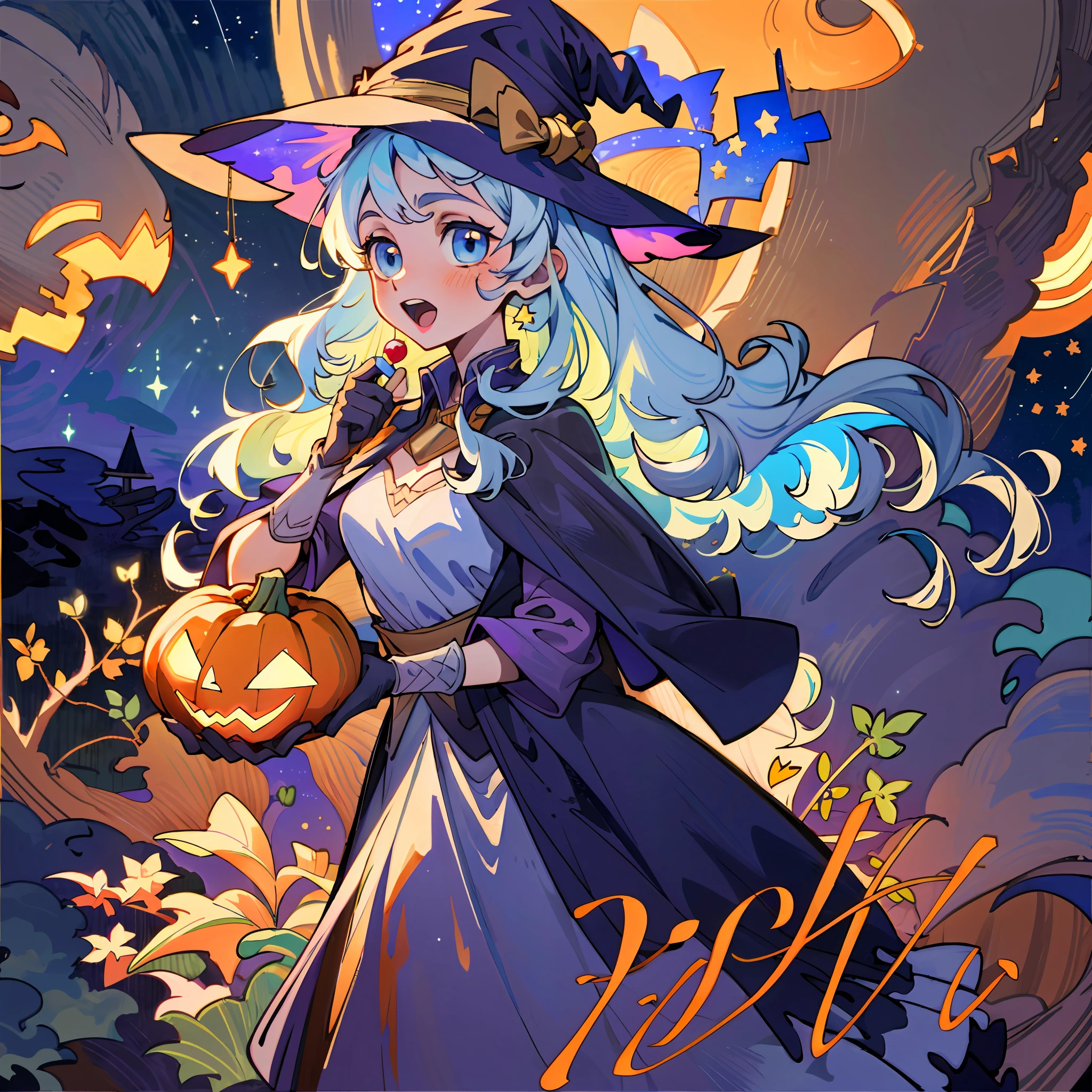 ((masterpiece:1.2, best quality)), 1girl, solo, (witch hat), a close up of a girl with curly hair, dress, aurora, night, star (sky), gloves, sky, dress, night sky, open mouth, starry sky, light blue eyes, ribbons, smile, cape, colorful hair, magic, casting spell, night, (impressionism:1.4), alphonse mucha, Halloween colors, colorful candy, magical lights, pumpkins, candies