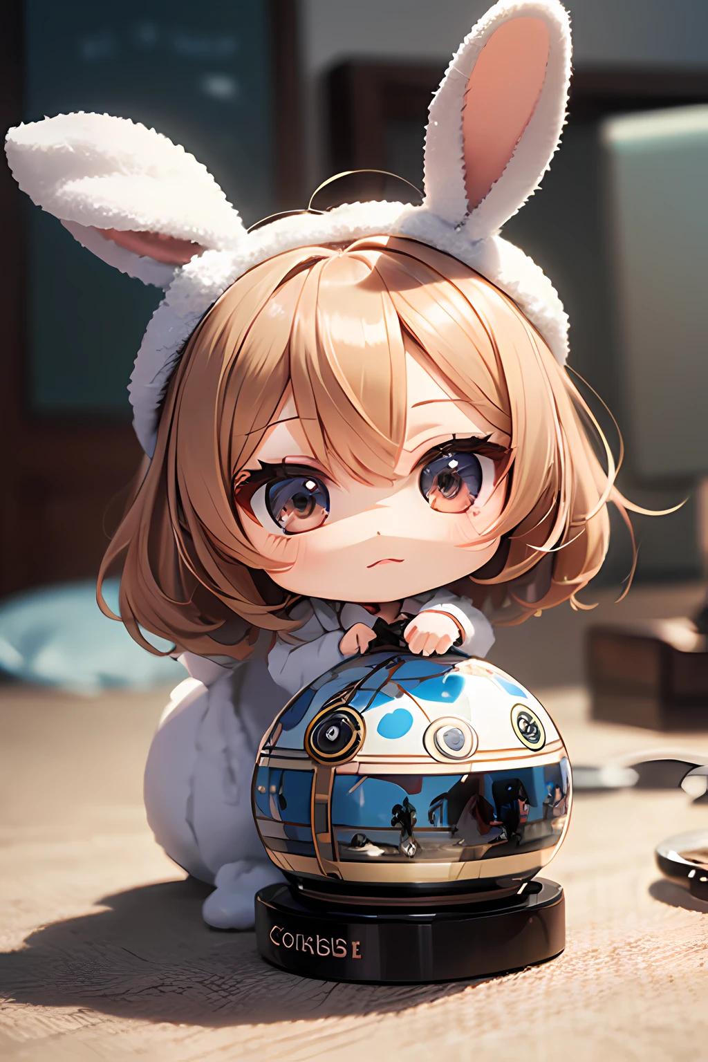 Masterpiece, top quality, delicate picture touch, movie lighting, (((chibi character)), beautiful expression, beautiful face modeling, woman in rabbit costume, room with cute miscellaneous goods