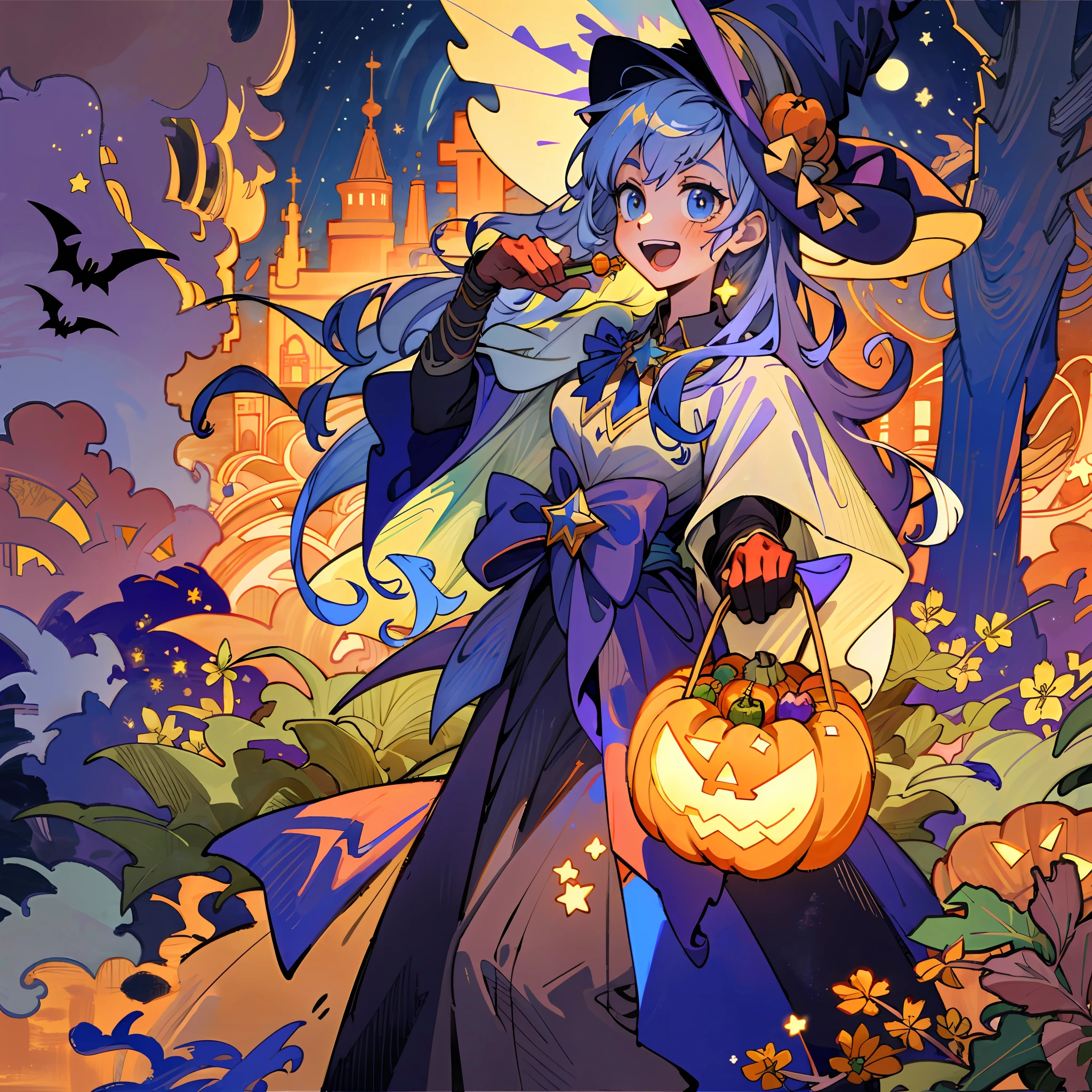 ((masterpiece:1.2, best quality)), 1girl, solo, (witch hat), a close up of a girl with curly hair, dress, aurora, night, star (sky), gloves, sky, dress, night sky, open mouth, starry sky, light blue eyes, ribbons, smile, cape, colorful hair, magic, casting spell, night, (impressionism:1.4), alphonse mucha, Halloween colors, colorful candy, magical lights, pumpkins, candies