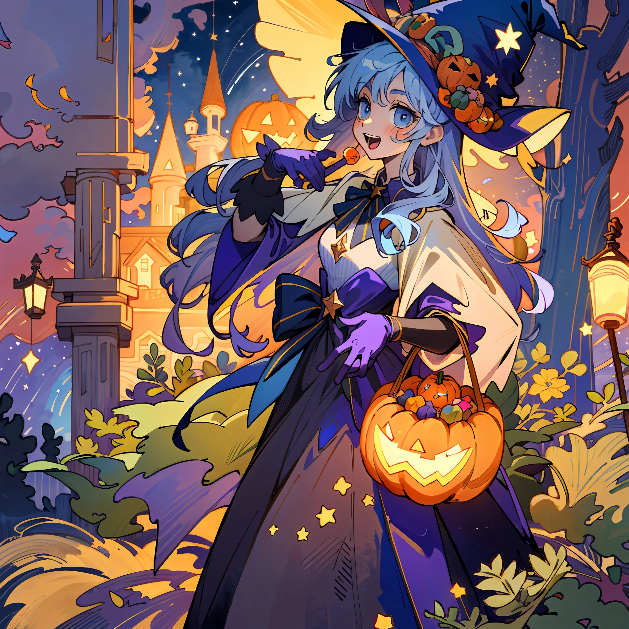 ((masterpiece:1.2, best quality)), 1girl, solo, (witch hat), a close up of a girl with curly hair, dress, aurora, night, star (sky), gloves, sky, dress, night sky, open mouth, starry sky, light blue eyes, ribbons, smile, cape, colorful hair, magic, casting spell, night, (impressionism:1.4), alphonse mucha, Halloween colors, colorful candy, magical lights, pumpkins, candies