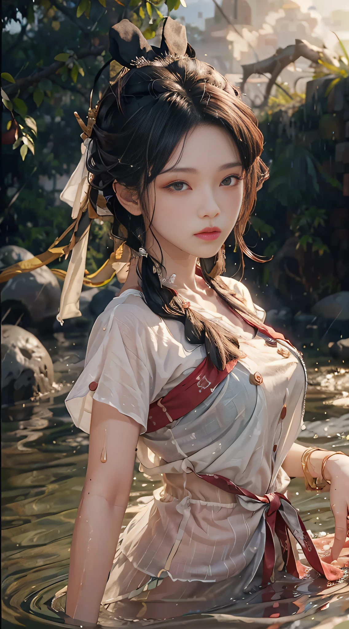 ((Best Quality, 8K, Masterpiece: 1.3)), Sharp: 1.2, Perfect Body Beauty: 1.4, Slim Abs: 1.2, ((Layered Hairstyle, Big Breasts: 1.2)), (Wet White Button Long Shirt: 1.1), (Rain) (In the River), Wet: 1.5, Highly detailed face and skin texture, detailed eyes, double eyelids, side face looking at the camera