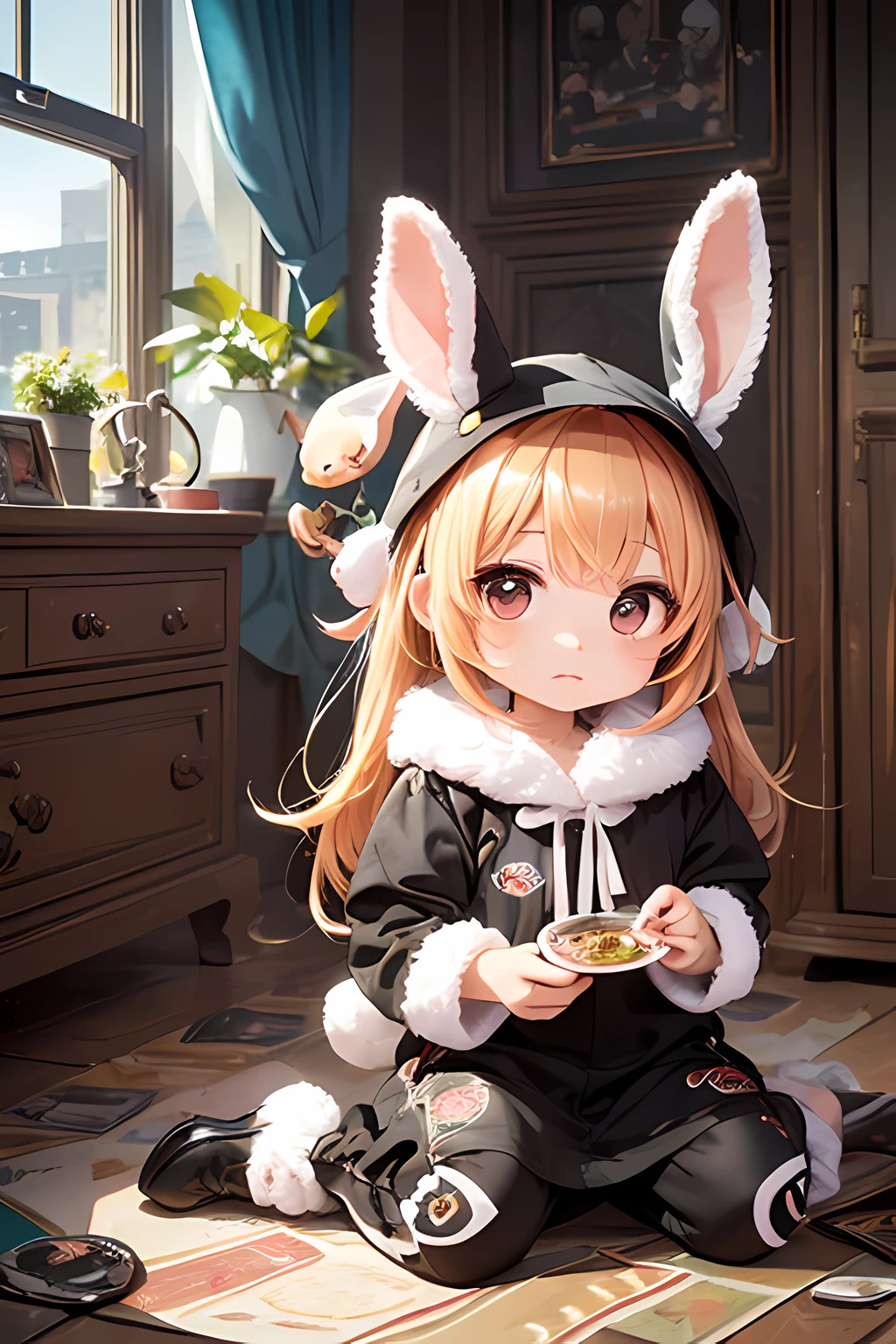 Masterpiece, top quality, delicate picture touch, movie lighting, (((chibi character)), beautiful expression, beautiful face modeling, woman in rabbit costume, room with cute miscellaneous goods