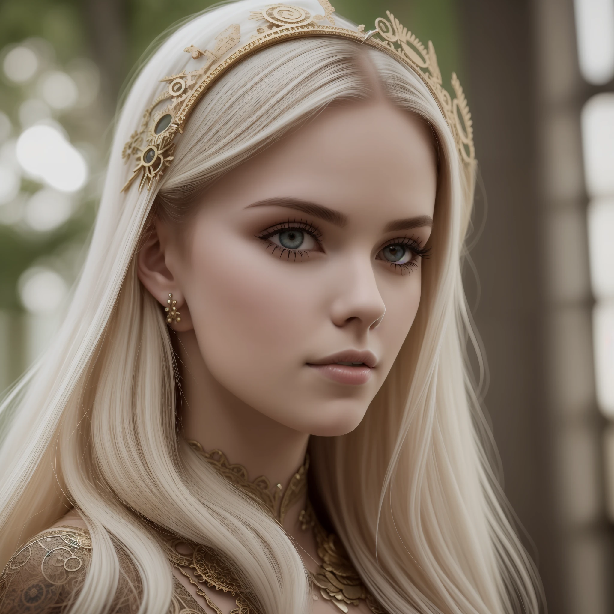 (Intricate Details), 19 years old, Mystical Beauty,Perfect Face, Makeup:1.5, Bright On Face, Facial Detail, Long Hair,Platinum Blonde Hair,Straight Hair,Steampunk,White Princess Dress,um Home Addressive, Conceptual Art, Realism, Godley, Film Lighting, Multiview, Canon, High Detail, High Quality, High Definition, HD, 16k