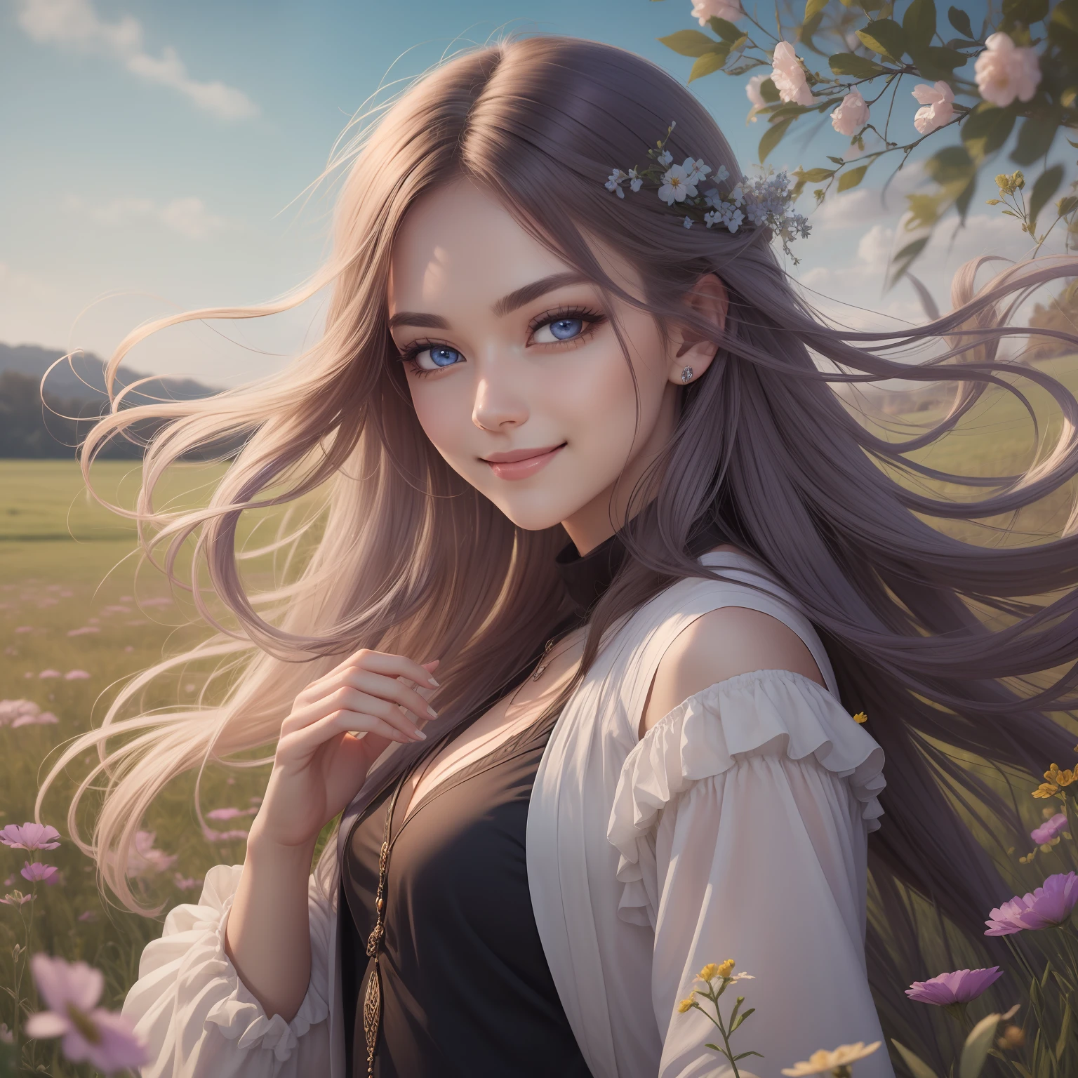 (Masterpiece) 8K resolution, top quality, woman with kind face, beautiful person, smile, thin long eyebrows, purple semi-long hair, hair fluttering in the wind, ash blue eyes, meadow, model style,
