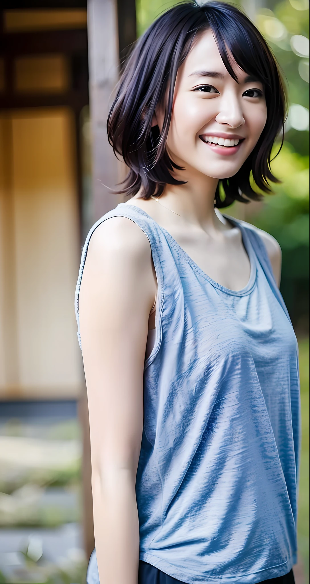 Top Quality, Masterpiece, Ultra High Resolution, (Photorealistic: 1.4), Raw Photo, 1 Girl, Japan Beauty, Beautiful Skin, Black Hair: 1.7, Gacky, (((Short Hair: 1.5)), 30 years old, Laughing happily: 1.2, Tank Top