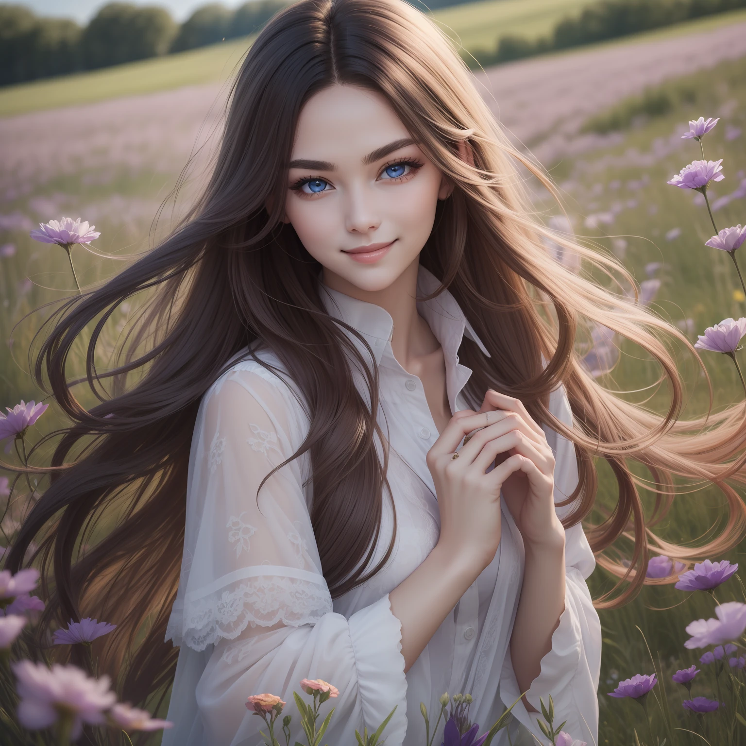 (Masterpiece) 8K resolution, top quality, woman with kind face, beautiful person, smile, thin long eyebrows, purple semi-long hair, hair fluttering in the wind, ash blue eyes, meadow, model style,