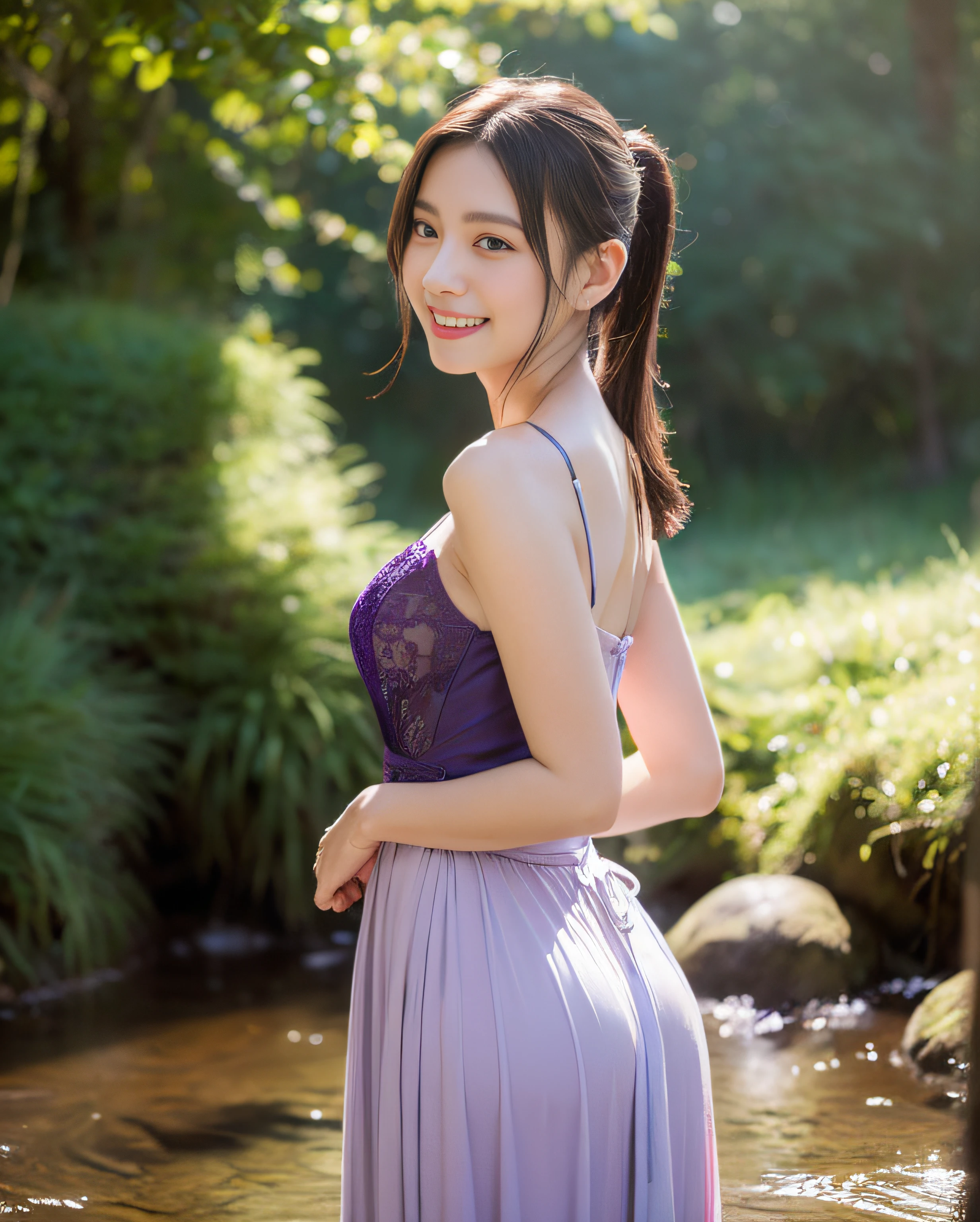 (((1))),((Photorealistic))), ((AKB 48)), ((Full body photo)), (Lens flare),((Backlight)), (In the forest))((Clear stream deep in the dark mountains)),((Rock in the background)),((Smiling)),((NIKON Z)),(NIKON Z)),(19 years old),(Small bust)))), ((( Purple dress))), (((Pore feeling)))), ((((skin feeling))))), (((Photorealism: 6, Realistic)))), (sideways and turning around pose)),Perfect chest shape, bare buttocks, side ponytail, ribbon, hair ornament, pale skin, looking at the viewer, small waist