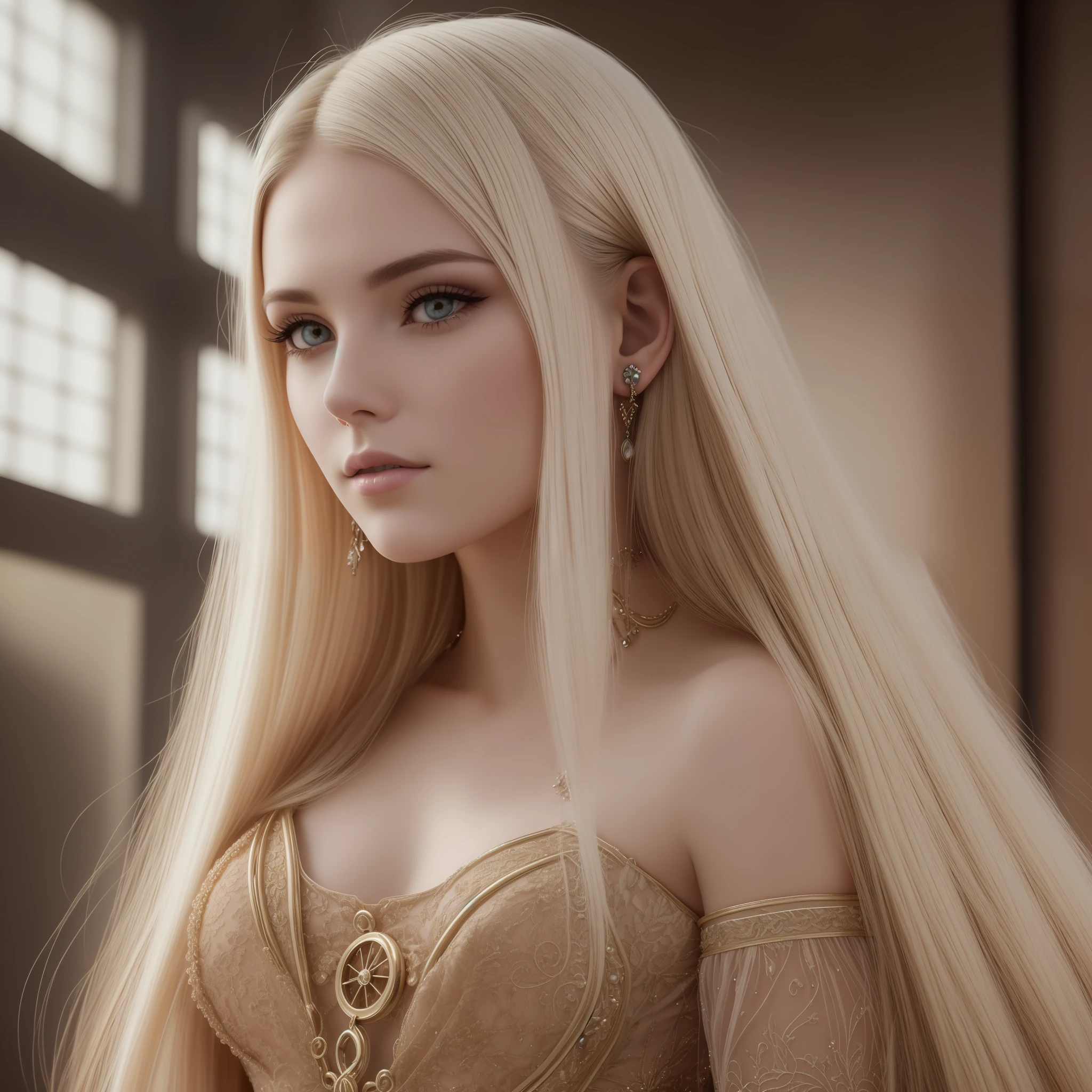 Full Body,Full Body Shot,(Complex Details), 19 years old, Mysterious Beautiful Girl,Perfect Face, Makeup:1.5, Bright On Face, Facial Detail, Long Hair,Platinum Blonde Hair,Straight Hair,Steampunk,White Princess Dress,um Home Defense, Conceptual Art, Realism, Godley, Movie Lighting, Multiview, Canon, High Detail, high-quality, HD, 16k