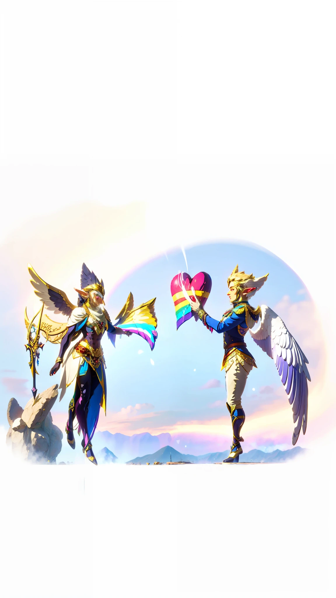 Two angels delivering half the heart in the colors of the rainbow to each other, male two winged men in love, ears slightly pointed like an elf, high quality, full body