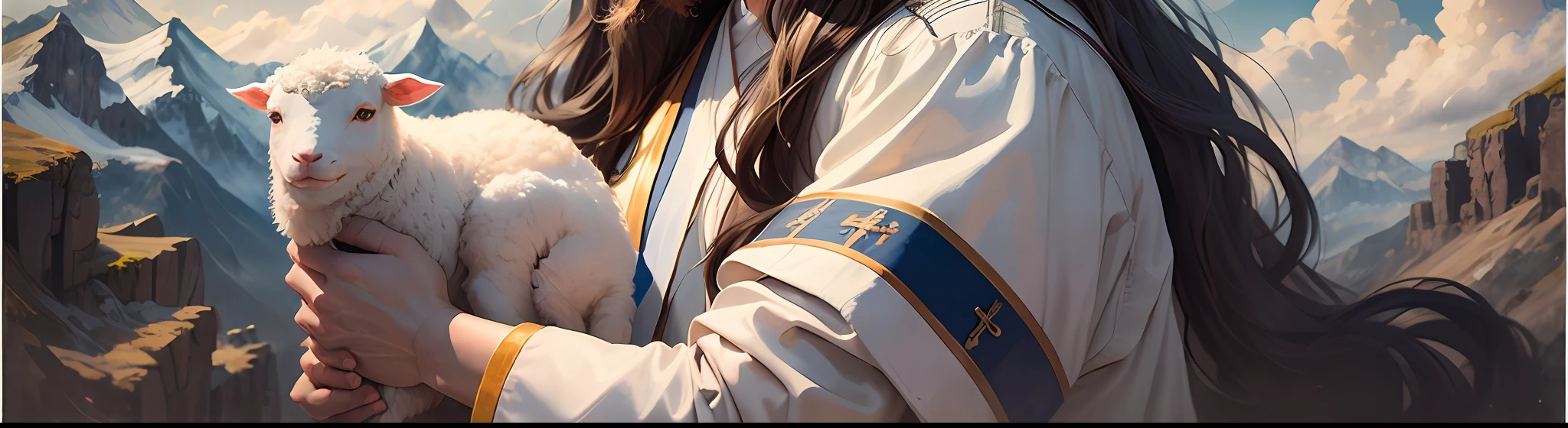 Jesus, portrait, with a bible in hand, soft light, a man with long brown hair and beard, wearing a white robe and a blue sash, holding a lamb in his arms, smiling softly, mountains and clouds in the background, 8k, oil painting