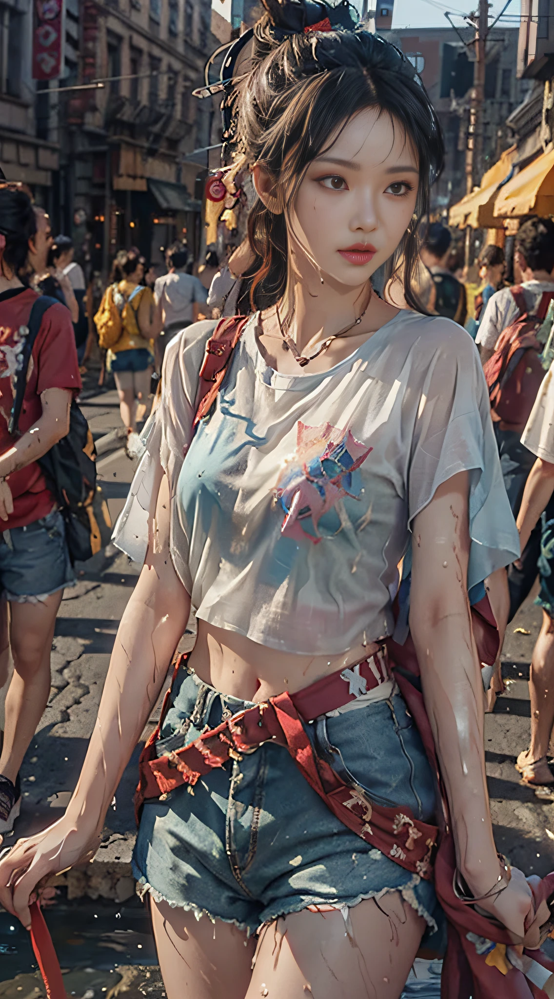 Cyberpunk, Sunny Day, Film Stills, 80mm Lens, Masterpiece, Best Quality, (Film Grae: 1.1), Looking at the Audience, T-shirt, Shorts (Wet Clothes: 1.1), (Street: 1.3), Shorts: 1.1,