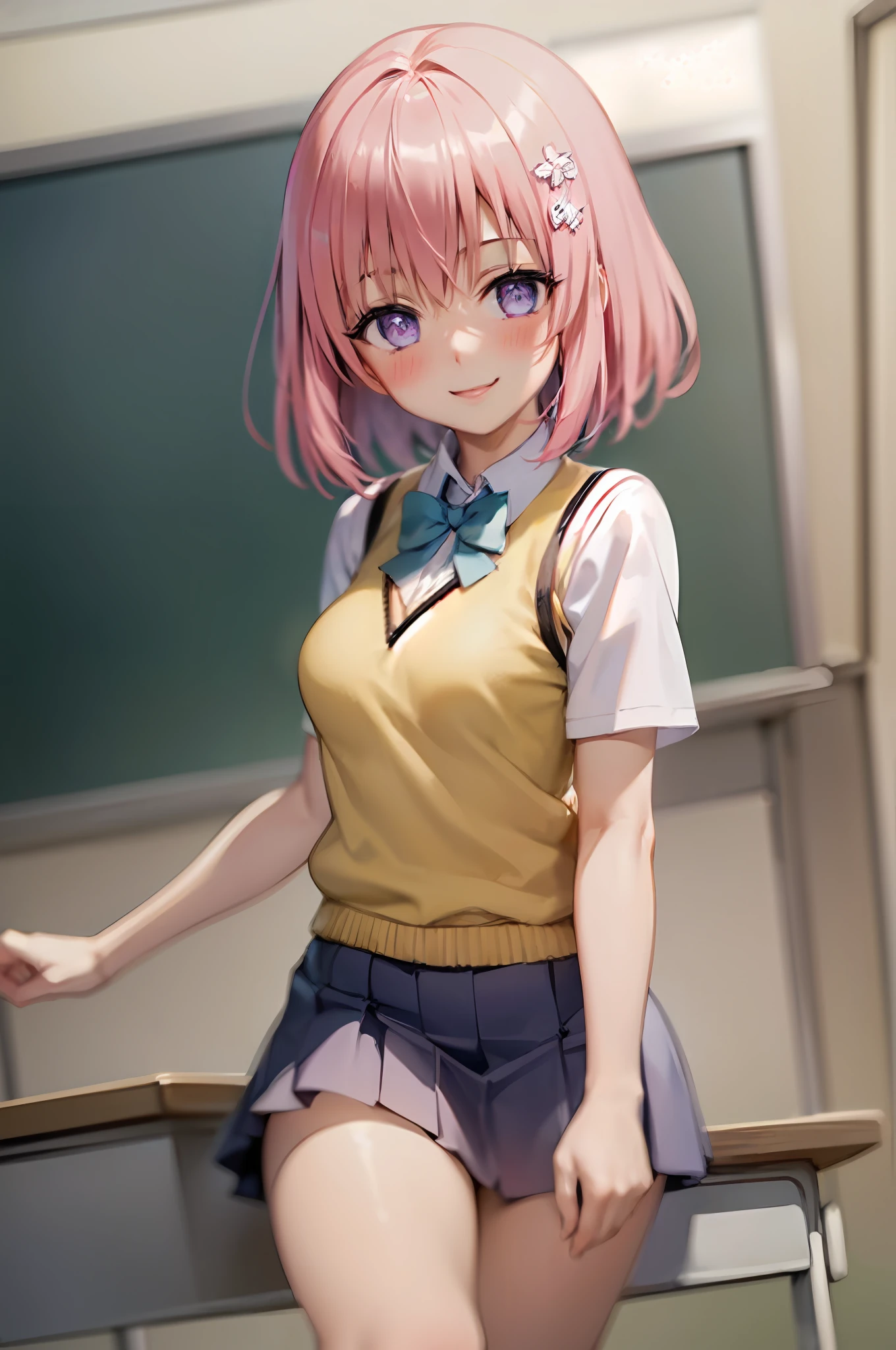 (best quality:1.1), (masterpiece:1.4), (absurdres:1.0), portrait, close up,
1girl, momo velia deviluke, hair ornament, bob cut, short hair pink hair, purple eyes, medium breasts, yellow school uniform, looking at viewer, classroom, (blush:1.2), smile,