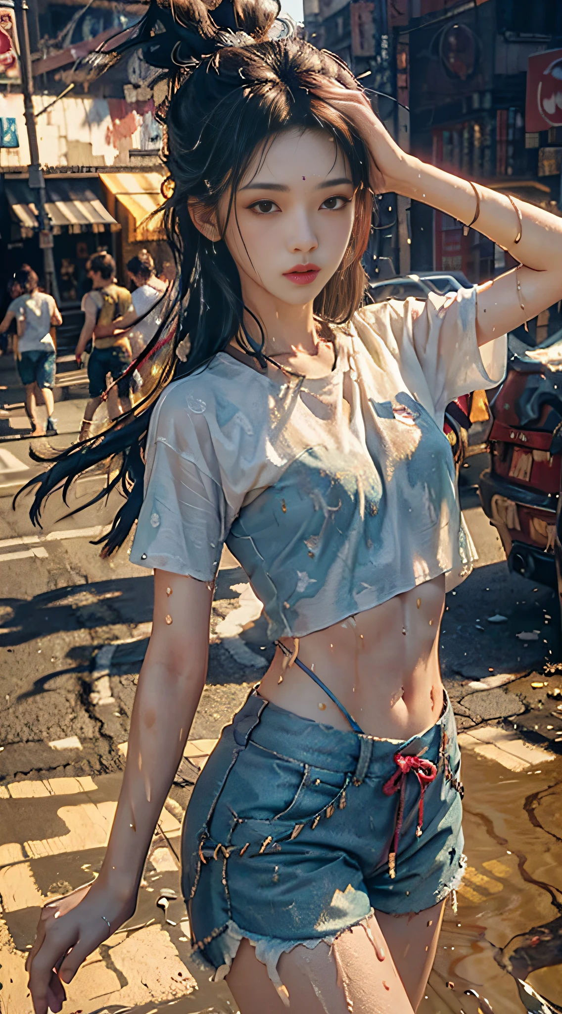 Cyberpunk, Sunny Day, Film Stills, 80mm Lens, Masterpiece, Best Quality, (Film Grae: 1.1), Looking at the Audience, T-shirt, Shorts (Wet Clothes: 1.1), (Street: 1.3), Shorts: 1.1,