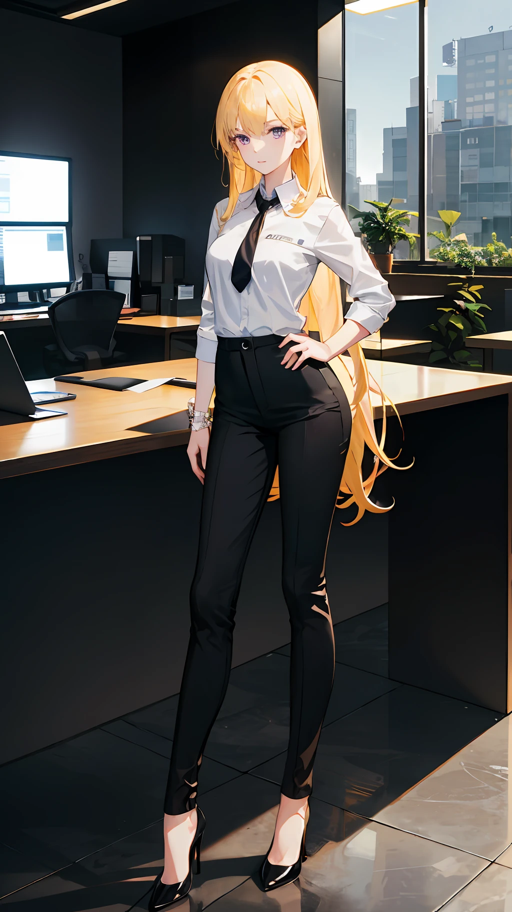 Wallpaper, highly detailed, best quality, 1girl, long yellow hair, purple eyes, detailed eye, white shirt, black pants, black high heels, company office,