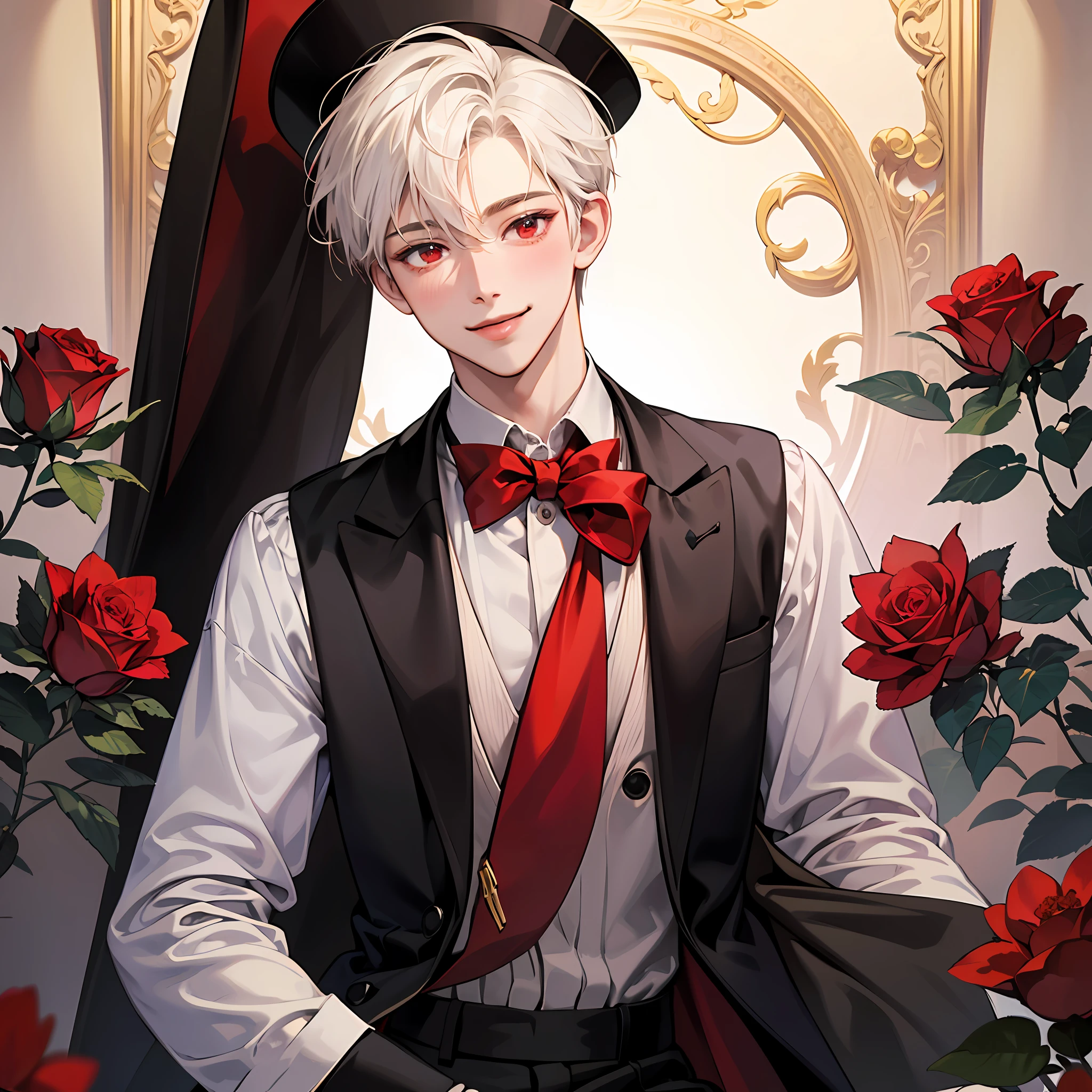 ((masterpiece)),(((best quality))), (high quality, breathtaking),(expressive eyes, perfect face), 1boy, solo, male, short, young,  boy, short white hair, red eyes, smiling, blushing, tuxedo,red tie,top hat with a rose --auto