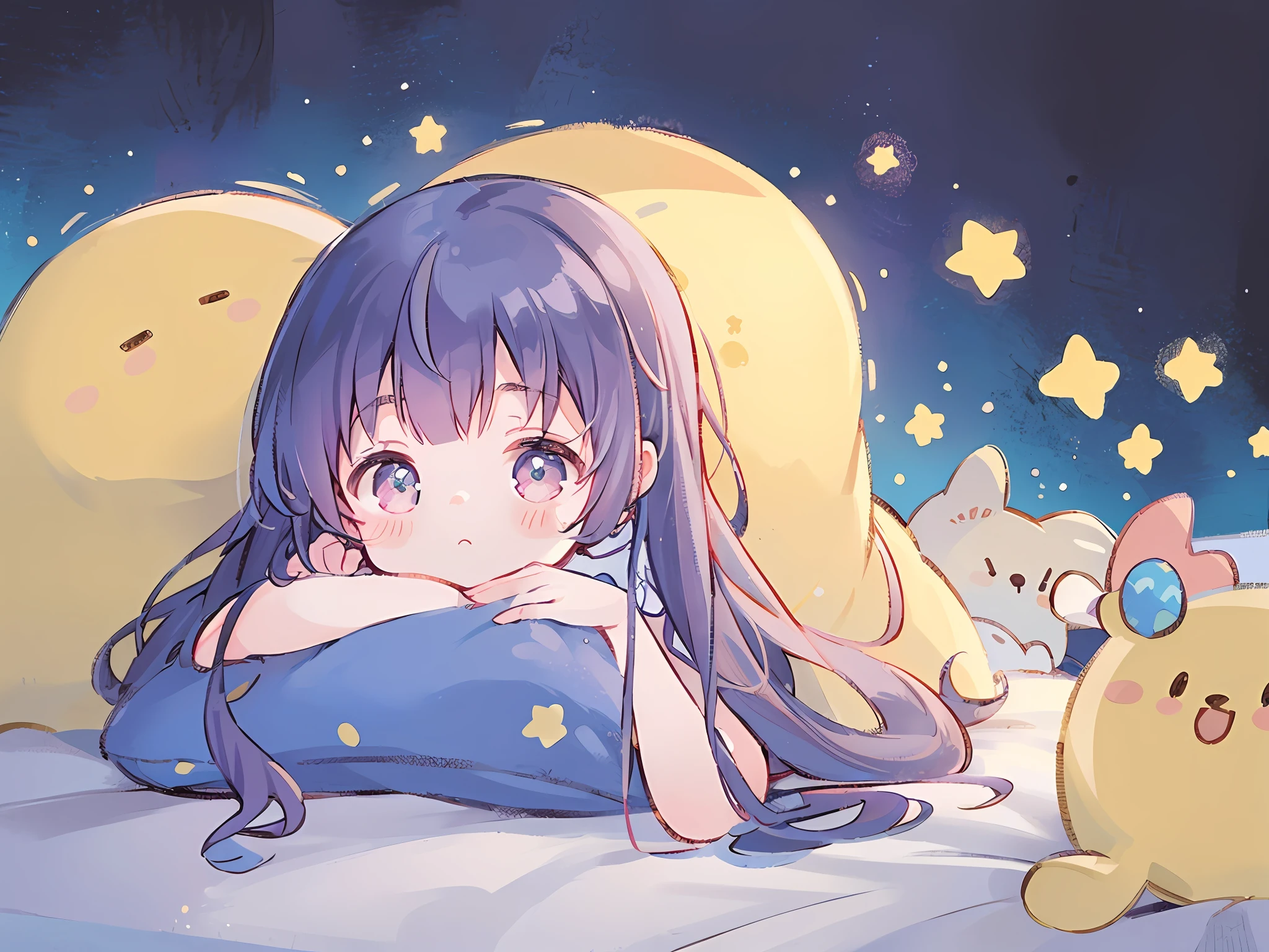 Top Quality, Masterpiece, Ultra High Resolution, Pretty Facial Features, Flat Design, Yellow Themes, Shoshi no Ko, Hoshino Ai, (Sleepy Eyes: 1.1), (Cute Yellow Night Dress), Cute, One Hand on Face, Bedtime, Disheveled Long Hair,
(simple dark background), giant stars shining in the dark, cure, ziyu,