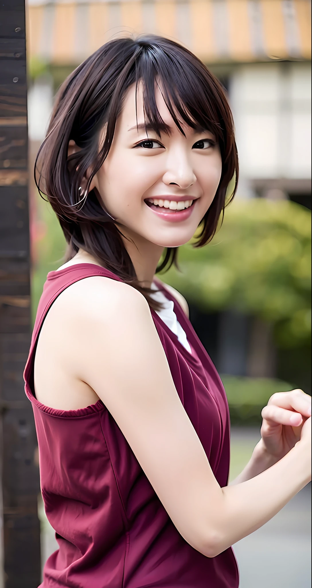 Top Quality, Masterpiece, Ultra High Resolution, (Photorealistic: 1.4), Raw Photo, 1 Girl, Japan Beauty, Beautiful Skin, Black Hair: 1.7, Gacky, (((Short Hair: 1.5)), 30 years old, Laughing happily: 1.2, Tank Top