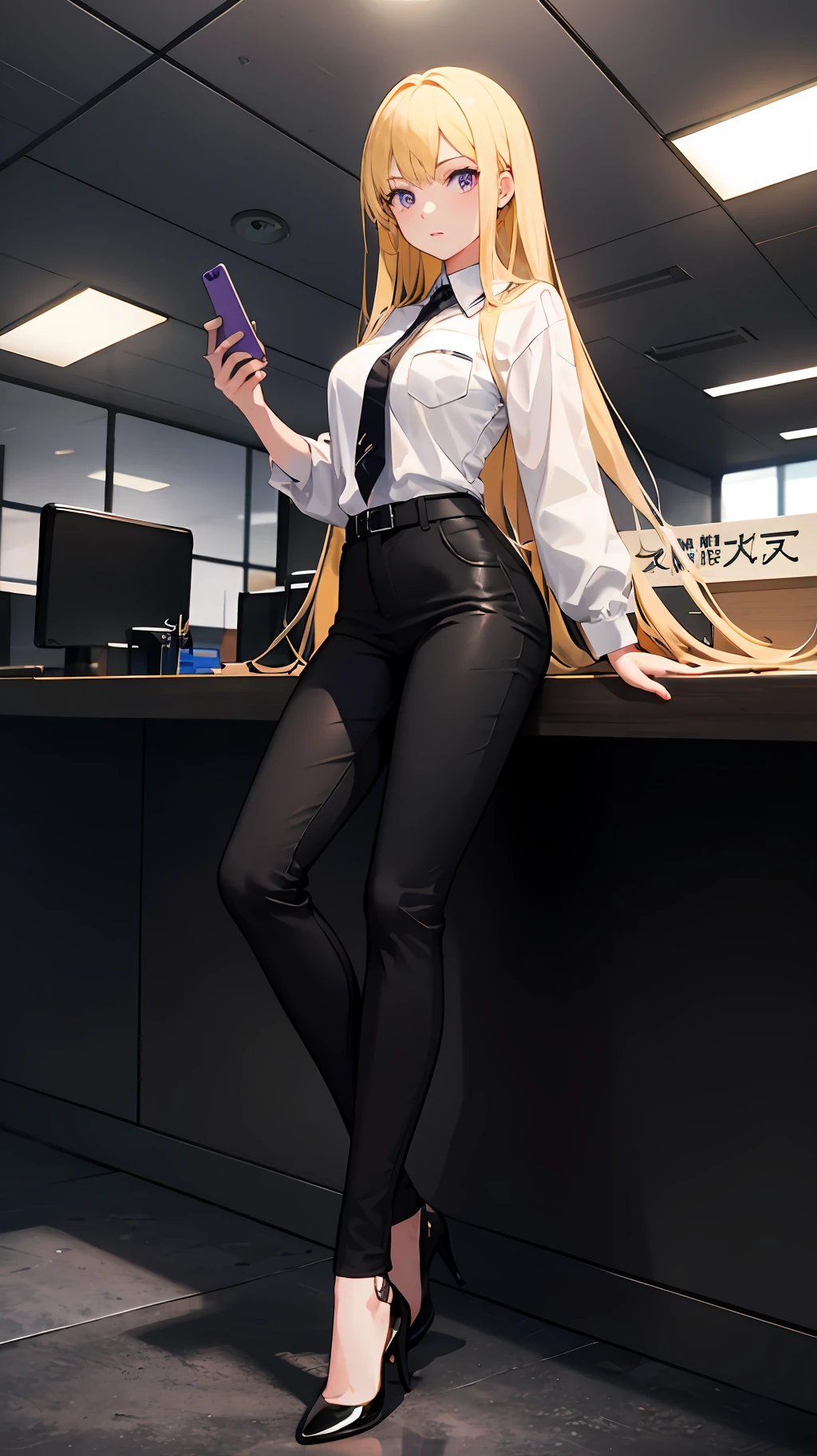 Wallpaper, highly detailed, best quality, 1girl, long yellow hair, purple eyes, detailed eye, white shirt, black pants, black high heels, company office,