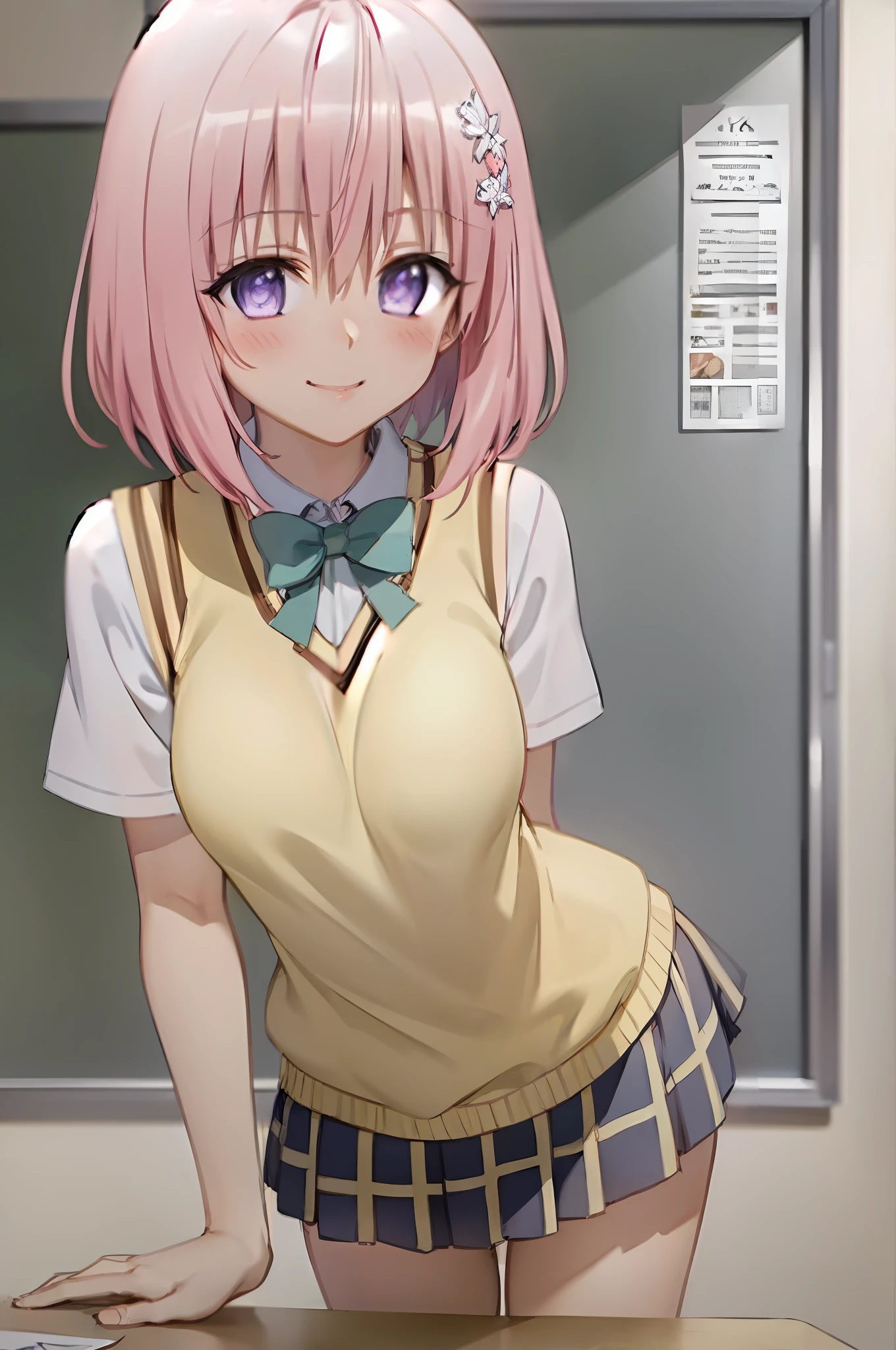 (best quality:1.1), (masterpiece:1.4), (absurdres:1.0), portrait, close up,
1girl, momo velia deviluke, hair ornament, bob cut, short hair pink hair, purple eyes, medium breasts, yellow school uniform, looking at viewer, classroom, (blush:1.2), smile,