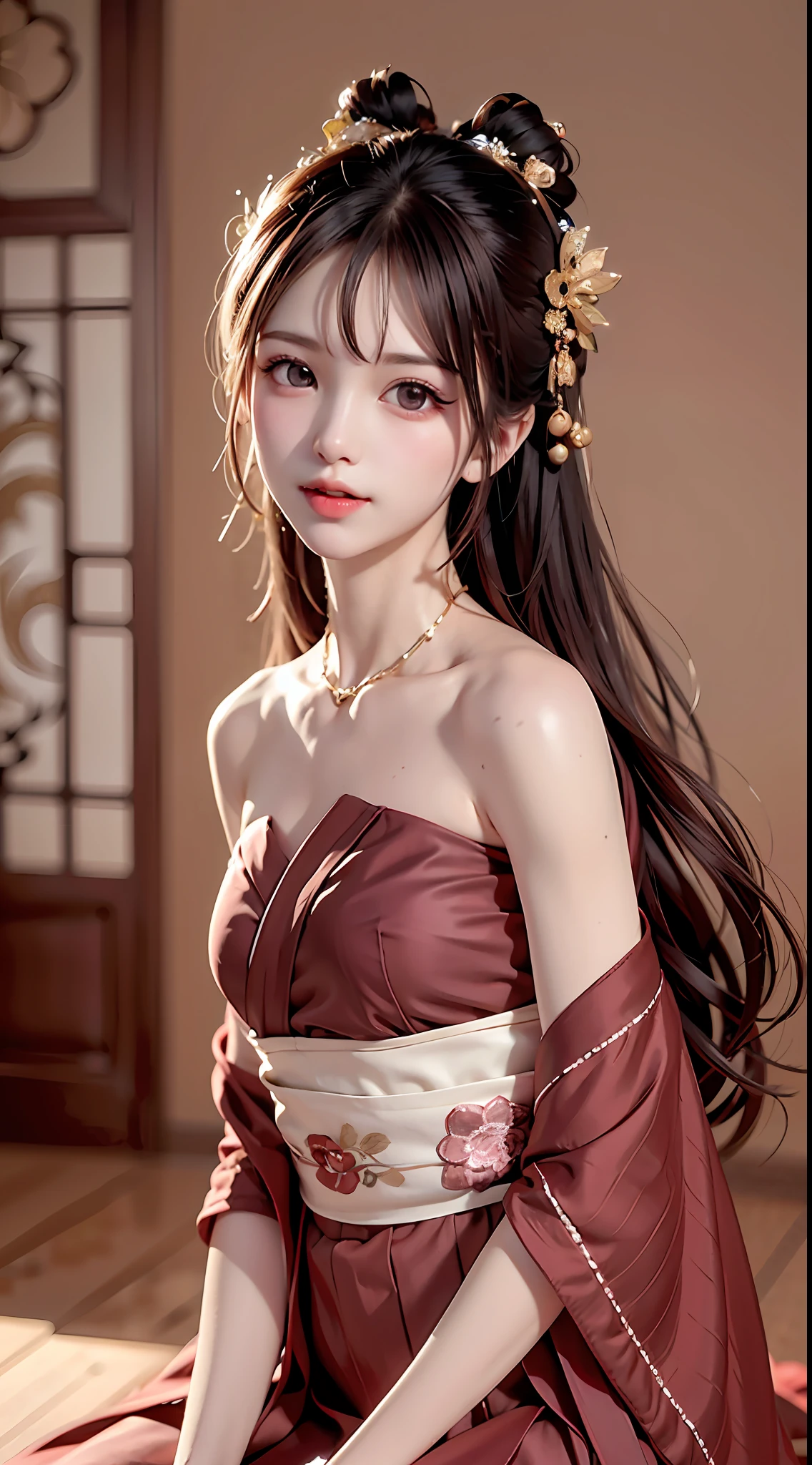 JK girl, girl wearing Japanese girls' school uniform, 8K, very high image quality, film texture, realistic, eating Japanese food, Japanese background, depth of field, tatami room, warm lighting, bow on chest, bangs, long hair over the shoulder, (playful eyes), double eyelids, deepening of the tail of the eyes, lying silkworm, bracelet on the wrist, scarlet lips, sparkling lips with texture, fine skin texture, brown sparkling pupils, (((eyes looking at the camera)))), slender fingers, ((round face)), ( ((small lips)))