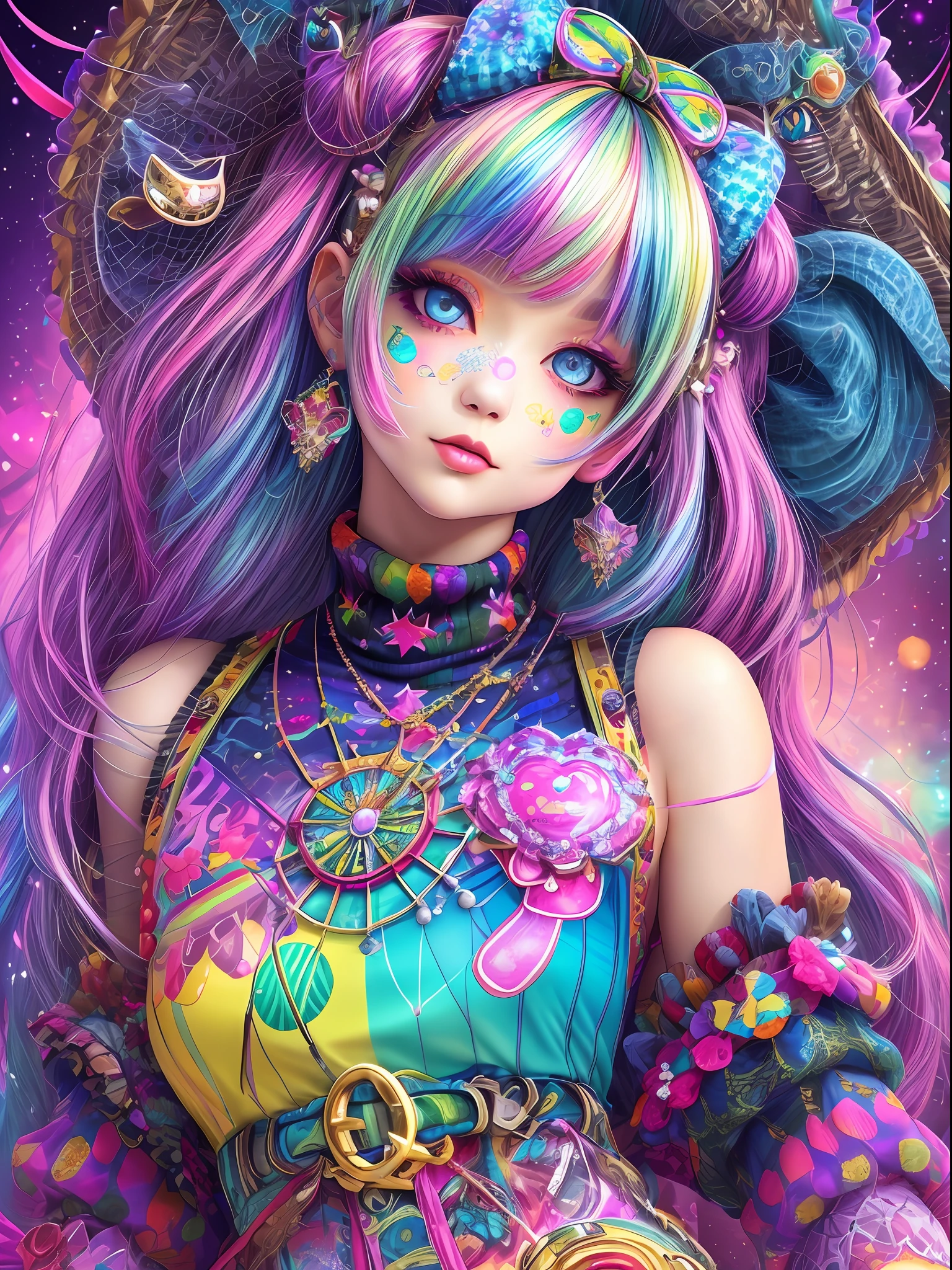 This image should be colorful and euphoric with extreme fantasy elements and very bold colors. Use (((lora:ArcherTurtleneck:1))). Generate a beautiful petite witch with ornate and highly detailed Decora Harajuku fashion aesthetics on an interesting Harajuku street background. Her head, torso, and hips are in frame. The witch should have a mature face with a lot of character and an interested and happy expression. She should look interested in the viewer. Include beautiful and distinct eyes, highly detailed eyes, extremely detailed eyes, intricate eyes, 8K eyes, macro eyes. Pay close attention to intricate facial details and realistic eye shading. Include bright lisa frank rainbow colors. ((Include many realistic fantasy and rainbow Harajuku and decora details)). Clothing should be very detailed and intricate in the style of extravagant Harajuku decora street fashion with a heavy emphasis on rainbow colors. Her shirt should contain contrasting textures, colors, and patterns (((lora:ArcherTurtleneck:1))). Her pants should be highly detailed and contain contrasting textures, colors, and patterns. The image is the highest quality possible, with rich colors and an extremely high resolution. Consider influences like the artwork and colors of Lisa Frank. Utilize bright ambient lighting and dynamic composition to enhance a feeling of happiness and ((euphoria)). The image should contain shimmer, phantasmal iridescence, crystals, and bumps. (((lora:ArcherTurtleneck:1))). (((Include many decora fashion accents.))), extreme angles, extremely detailed magical elements