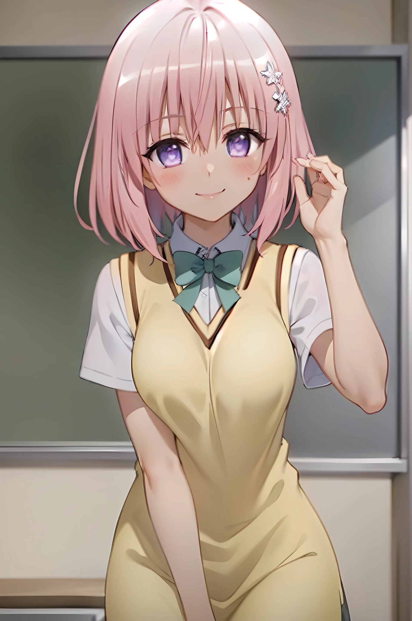 (best quality:1.1), (masterpiece:1.4), (absurdres:1.0), portrait, close up,
1girl, momo velia deviluke, hair ornament, bob cut, short hair pink hair, purple eyes, medium breasts, yellow school uniform, looking at viewer, classroom, (blush:1.2), smile,