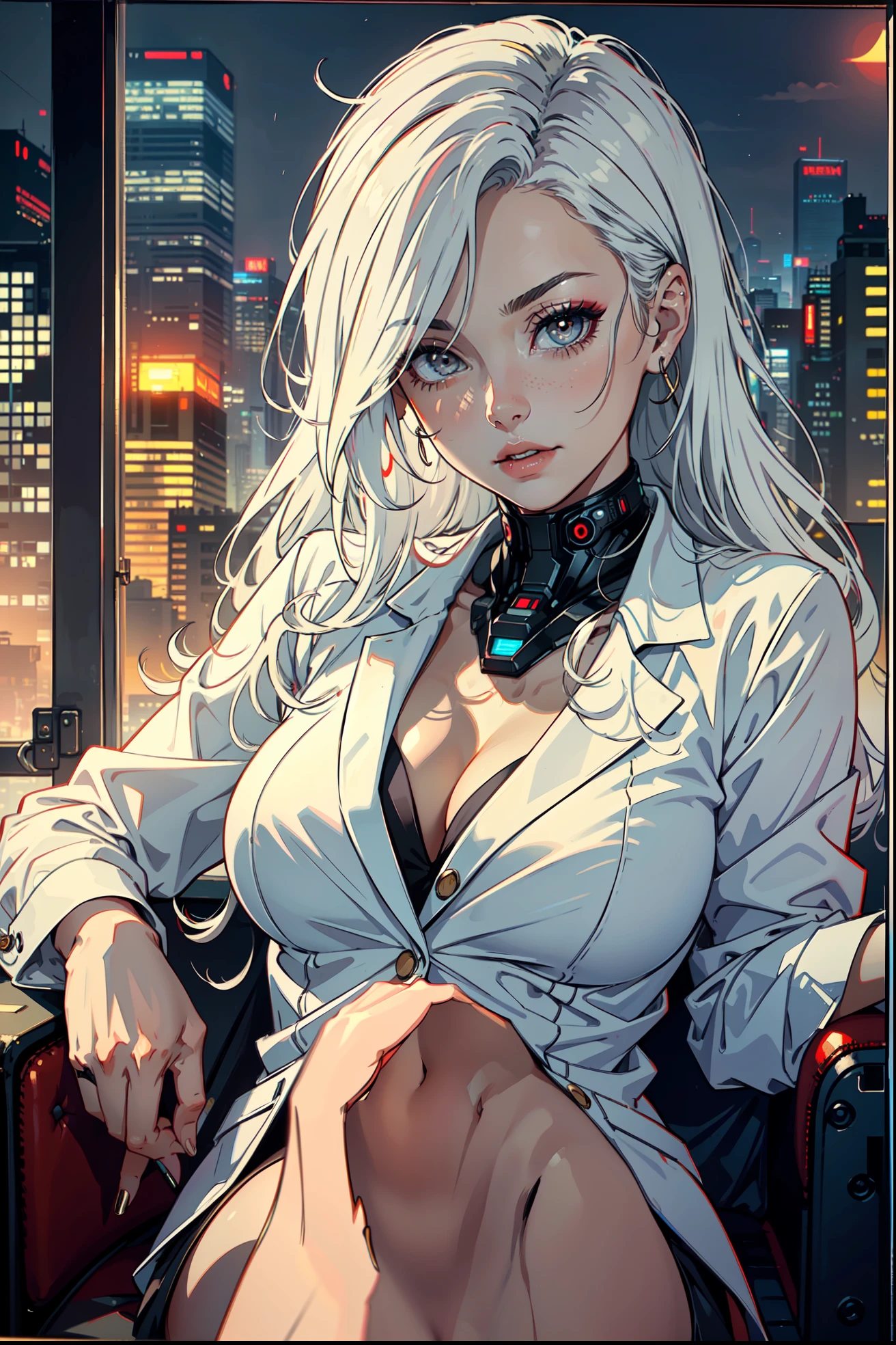 (masterpiece:1.3), (8k, photorealistic, RAW photo, best quality: 1.4), (1girl), beautiful face, (realistic face), Nice hairstyle,Realistic Eyes,Nice detail eyes,(Realistic Skin),Beautiful Skin,Ridiculous,attractive,Ultra high Resolution,an ultra realistic,RAWExtremely detailed,golden proportions, Woman wearing business outfit, formal blazer, white blouse, high waist business skirt, beautiful, masterpiece, best quality, perfect lighting, (white hair:1.4), long hair, (grey eyes:1.2), slender build, thin, medium breasts, business woman, ceo, sitting in luxurious black office chair, giant modern window with view of dusk cyberpunk city skyline in background, torso shot, dusk, (cyberpunk city background:1.3), (Hazy sky:1.2), (Dim red sun:1.3), eyelashes, dark eyeliner, cyberpunk, older, sleek modern-futuristic office