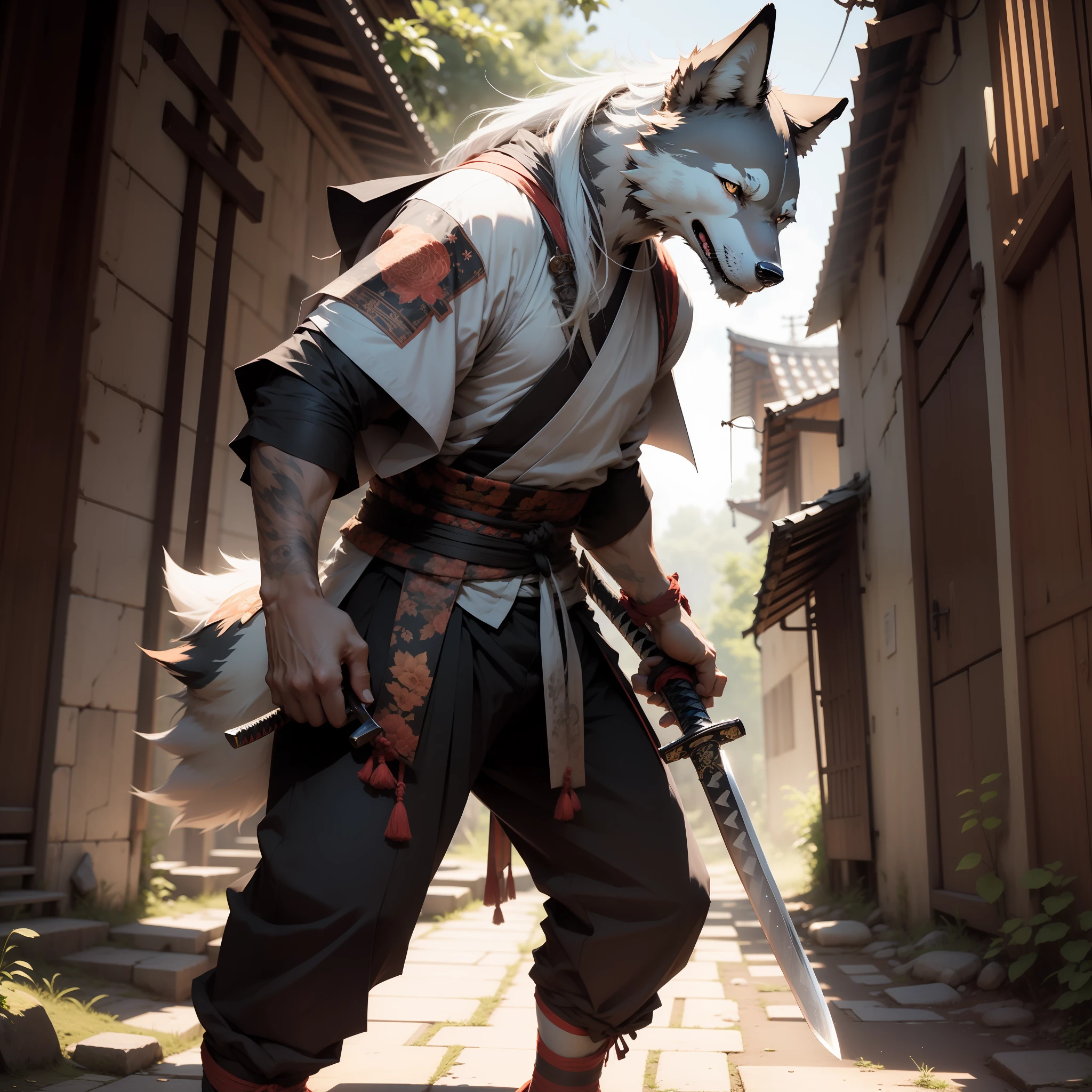 Wolf, blue-white hair, katana, katana