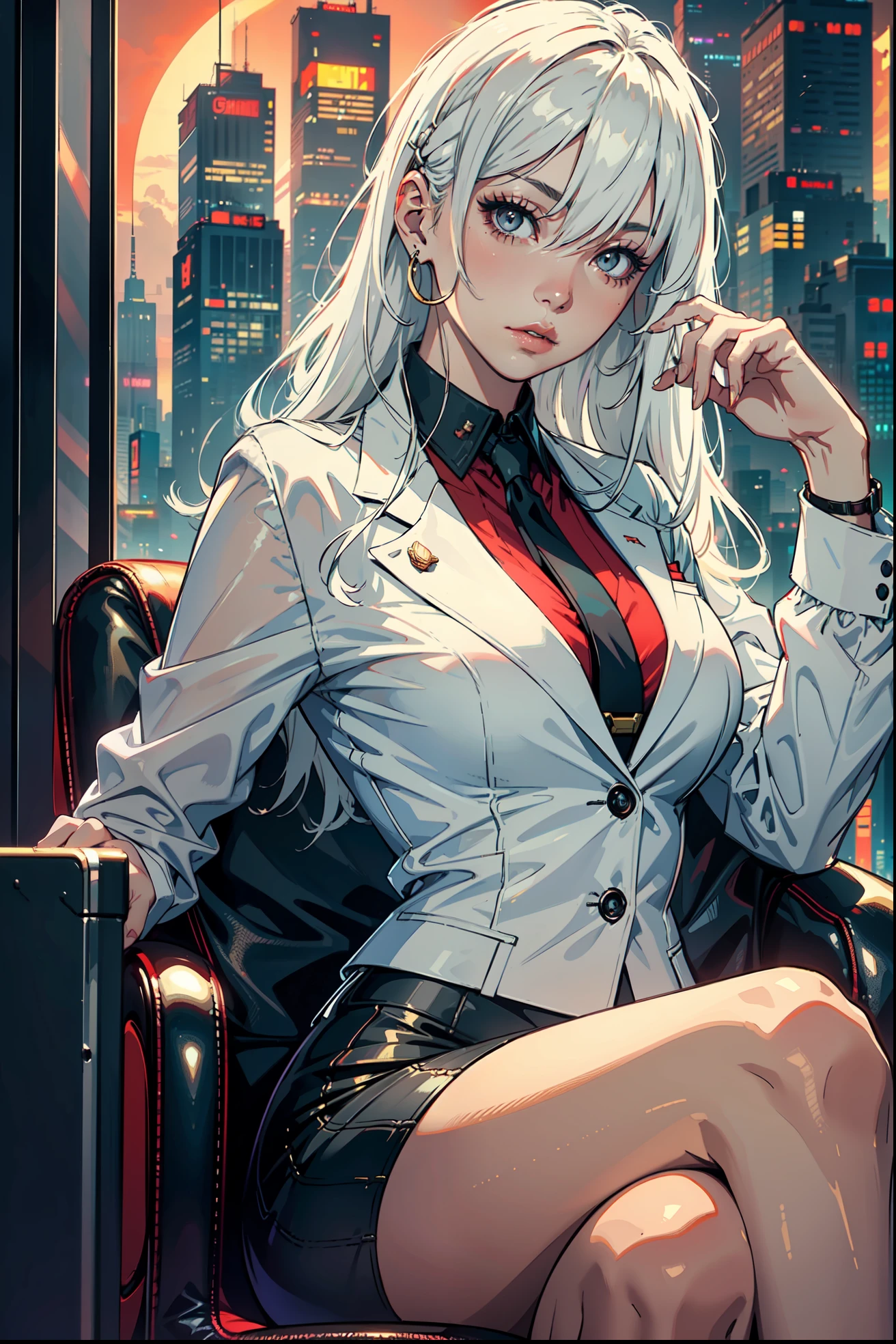 (masterpiece:1.3), (8k, photorealistic, RAW photo, best quality: 1.4), (1girl), beautiful face, (realistic face), Nice hairstyle,Realistic Eyes,Nice detail eyes,(Realistic Skin),Beautiful Skin,Ridiculous,attractive,Ultra high Resolution,an ultra realistic,RAWExtremely detailed,golden proportions, Woman wearing business outfit, formal blazer, white blouse, high waist business skirt, beautiful, masterpiece, best quality, perfect lighting, (white hair:1.4), long hair, (grey eyes:1.2), slender build, thin, medium breasts, business woman, ceo, sitting in luxurious black office chair, giant modern window with view of dusk cyberpunk city skyline in background, torso shot, dusk, (cyberpunk city background:1.3), (Hazy sky:1.2), (Dim red sun:1.3), eyelashes, dark eyeliner, cyberpunk, older, sleek modern-futuristic office