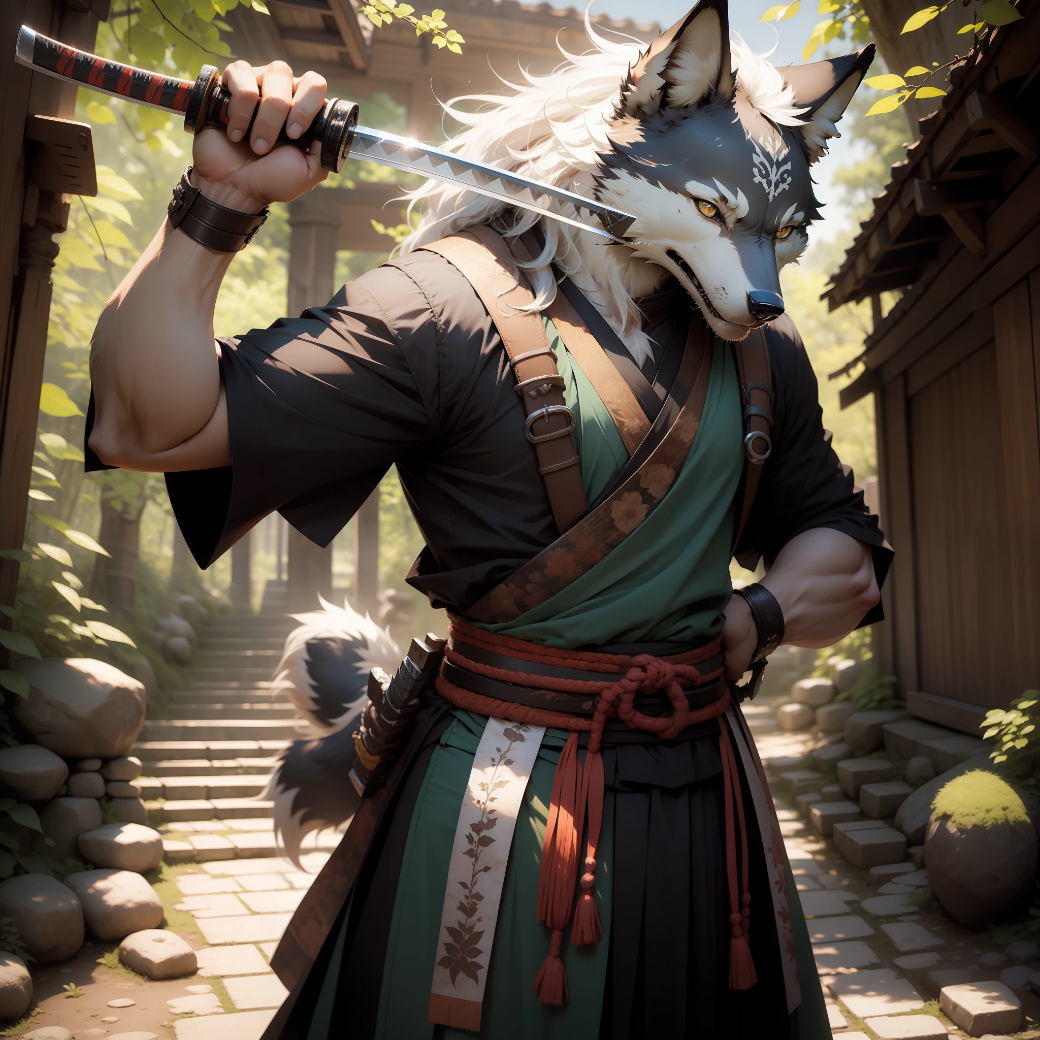 Wolf, blue-white hair, katana, katana