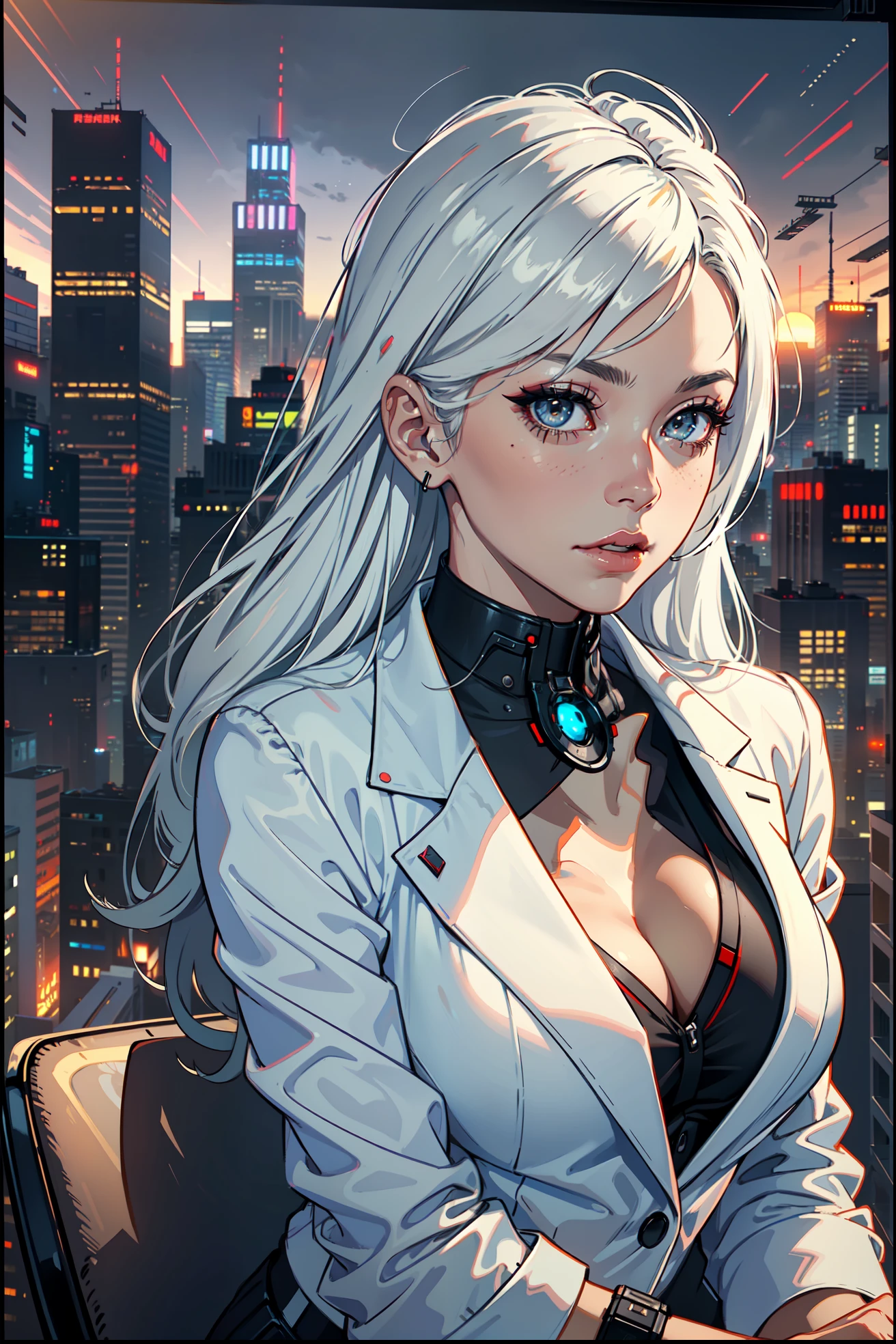 (masterpiece:1.3), (8k, photorealistic, RAW photo, best quality: 1.4), (1girl), beautiful face, (realistic face), Nice hairstyle，Realistic Eyes，Nice detail eyes，（Realistic Skin），Beautiful Skin，Ridiculous，attractive，Ultra high Resolution，an ultra realistic，RAWExtremely detailed，golden proportions, Woman wearing business outfit, formal blazer, white blouse, high waist business skirt, beautiful, masterpiece, best quality, perfect lighting, (white hair:1.4), long hair, (grey eyes:1.2), slender build, thin, medium breasts, business woman, ceo, sitting in luxurious black office chair, giant modern window with view of dusk cyberpunk city skyline in background, torso shot, dusk, (cyberpunk city background:1.3), (Hazy sky:1.2), (Dim red sun:1.3), eyelashes, dark eyeliner, cyberpunk, older, sleek modern-futuristic office