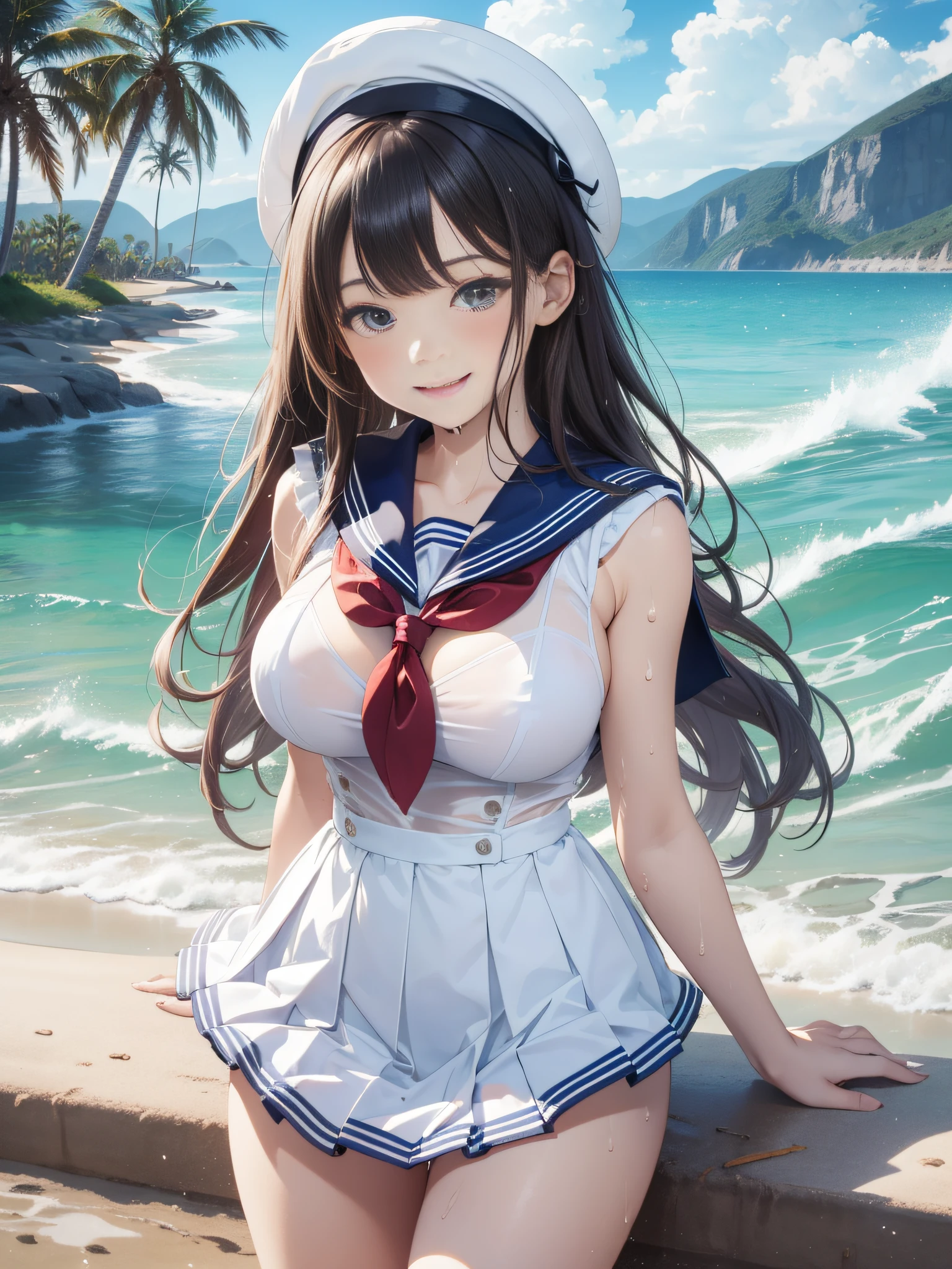 Top quality, 3 beautiful girls, sea, sandy beach, desert island, white sailor suit, school uniform, ((((White sailor color)))), sleeveless, pleated skirt, petticoat, stockings, high socks, smiling with sexual expression, (huge breasts: 1.5), breasts, showing armpits, panty shot, breasts flapping, clothes wet and see-through,
