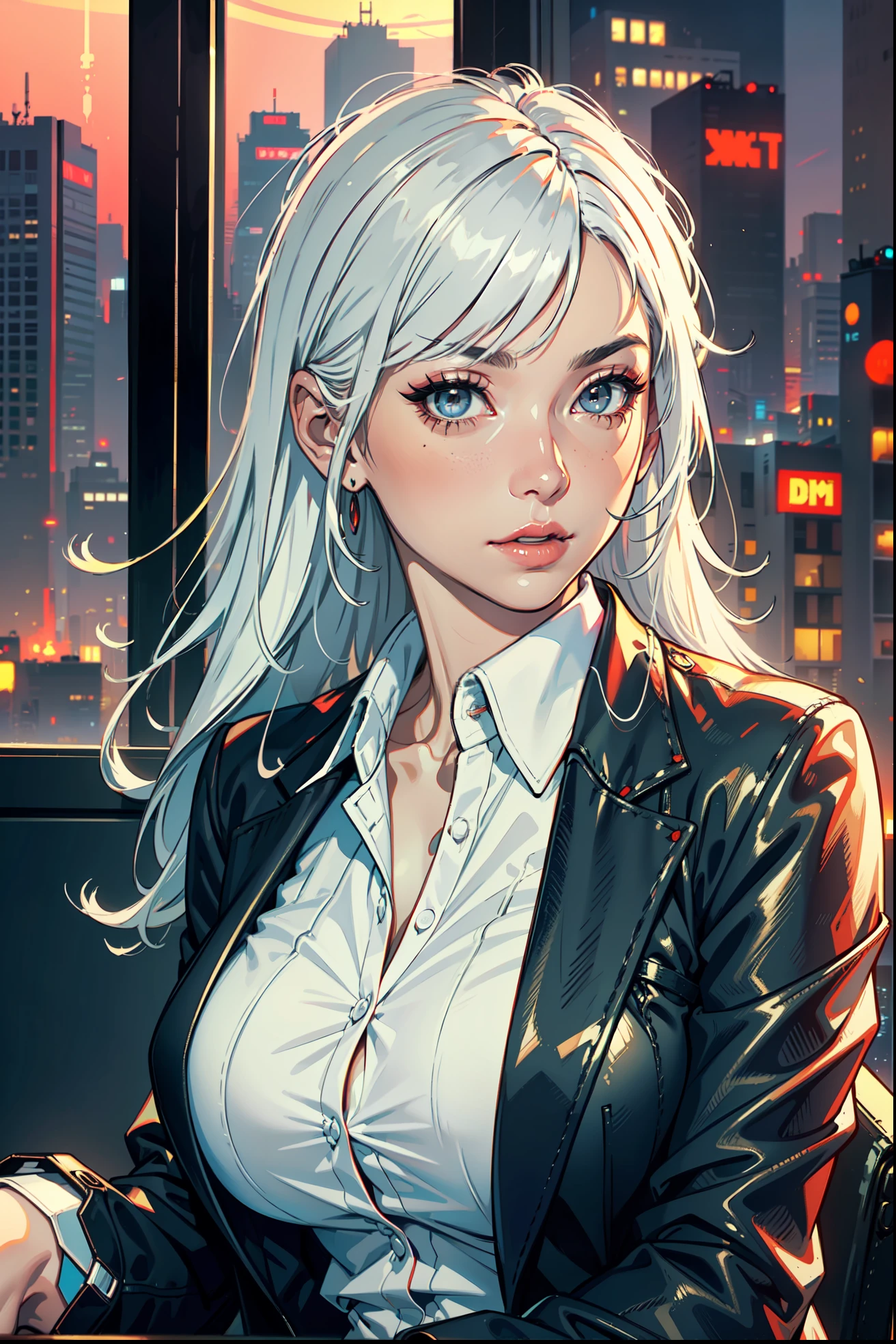 (masterpiece:1.3), (8k, photorealistic, RAW photo, best quality: 1.4), (1girl), beautiful face, (realistic face), Nice hairstyle,Realistic Eyes,Nice detail eyes,(Realistic Skin),Beautiful Skin,Ridiculous,attractive,Ultra high Resolution,an ultra realistic,RAWExtremely detailed,golden proportions, Woman wearing business outfit, formal blazer, white blouse, high waist business skirt, beautiful, masterpiece, best quality, perfect lighting, (white hair:1.4), long hair, (grey eyes:1.2), slender build, thin, medium breasts, business woman, ceo, sitting in luxurious black office chair, giant modern window with view of dusk cyberpunk city skyline in background, torso shot, dusk, (cyberpunk city background:1.3), (Hazy sky:1.2), (Dim red sun:1.3), eyelashes, dark eyeliner, cyberpunk, older, sleek modern-futuristic office