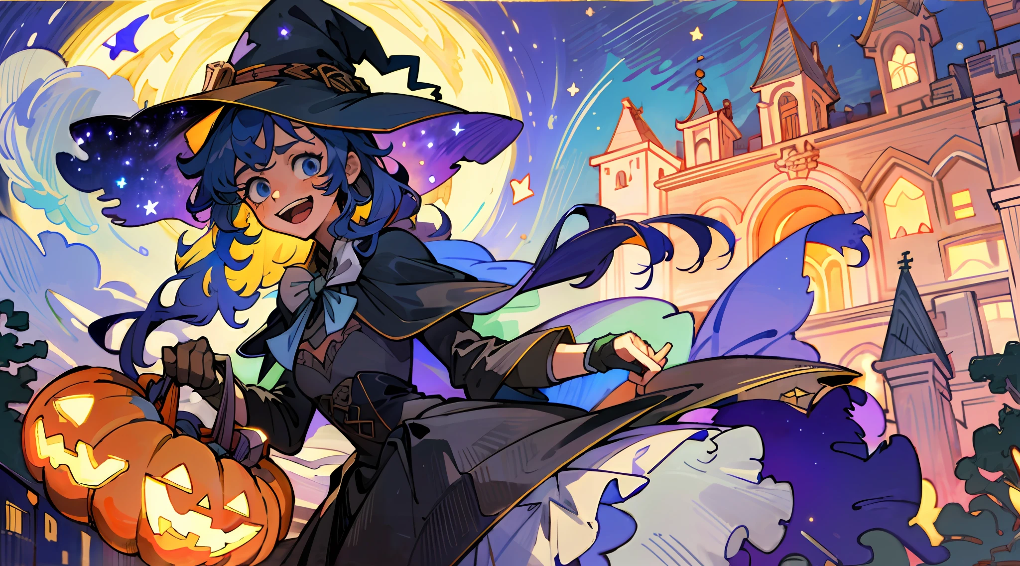 ((masterpiece:1.2, best quality)), 1girl, solo, (witch hat), a close up of a girl with curly hair, dress, aurora, night, star (sky), gloves, sky, dress, night sky, open mouth, starry sky, light blue eyes, ribbons, smile, cape, colorful hair, magic, casting spell, night, (impressionism:1.4), alphonse mucha, Halloween colors, colorful candy, magical lights, pumpkins, candies, creepy cathedral, haunted house, city