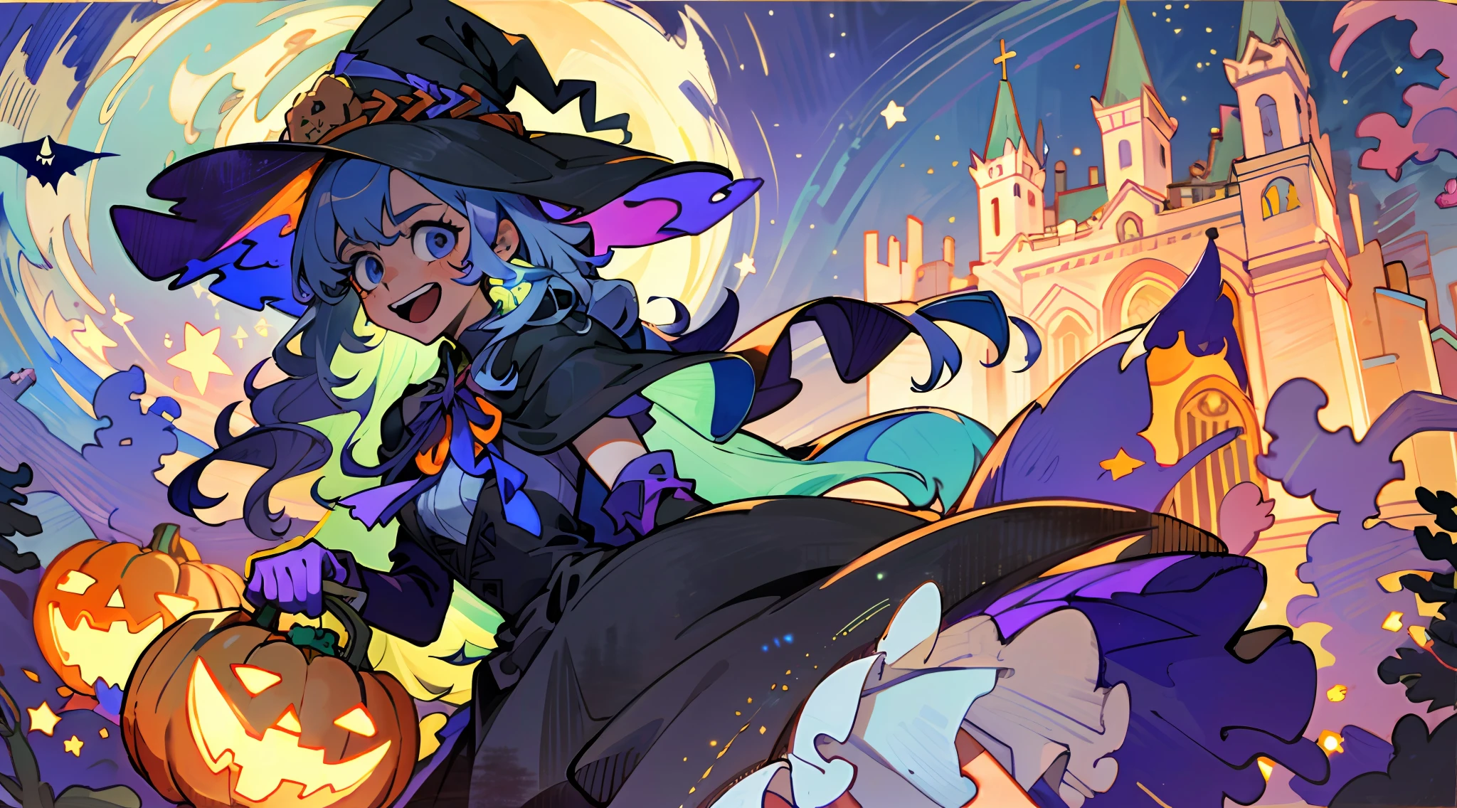 ((masterpiece:1.2, best quality)), 1girl, solo, (witch hat), a close up of a girl with curly hair, dress, aurora, night, star (sky), gloves, sky, dress, night sky, open mouth, starry sky, light blue eyes, ribbons, smile, cape, colorful hair, magic, casting spell, night, (impressionism:1.4), alphonse mucha, Halloween colors, colorful candy, magical lights, pumpkins, candies, creepy cathedral, haunted house, city