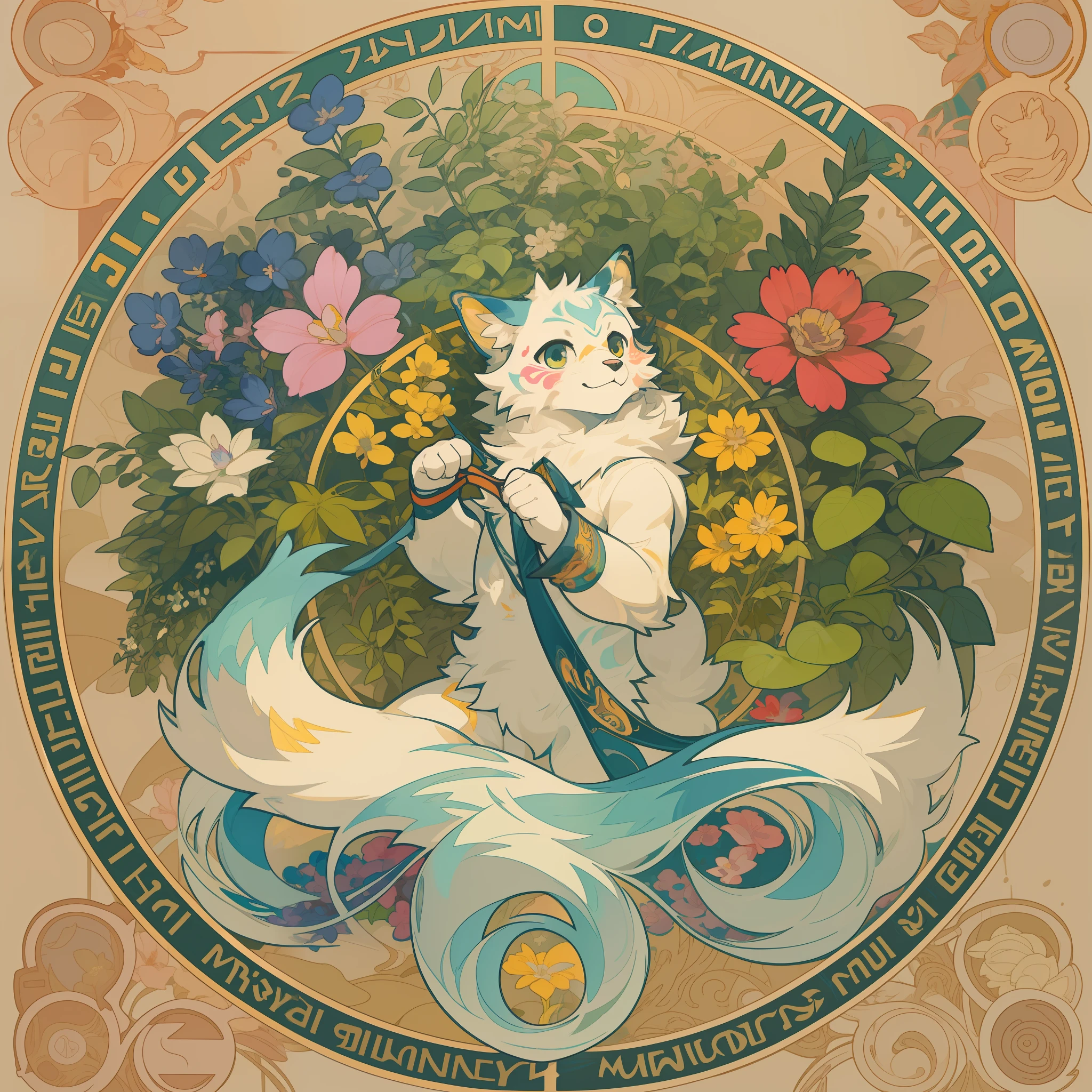 top quality, best quality, poster, rzminjourney, vector-art, High-quality illustrations by Alfons Mucha, masterpiece(kemono, furry anthro)logo mark, round, colorful ink splash flower,