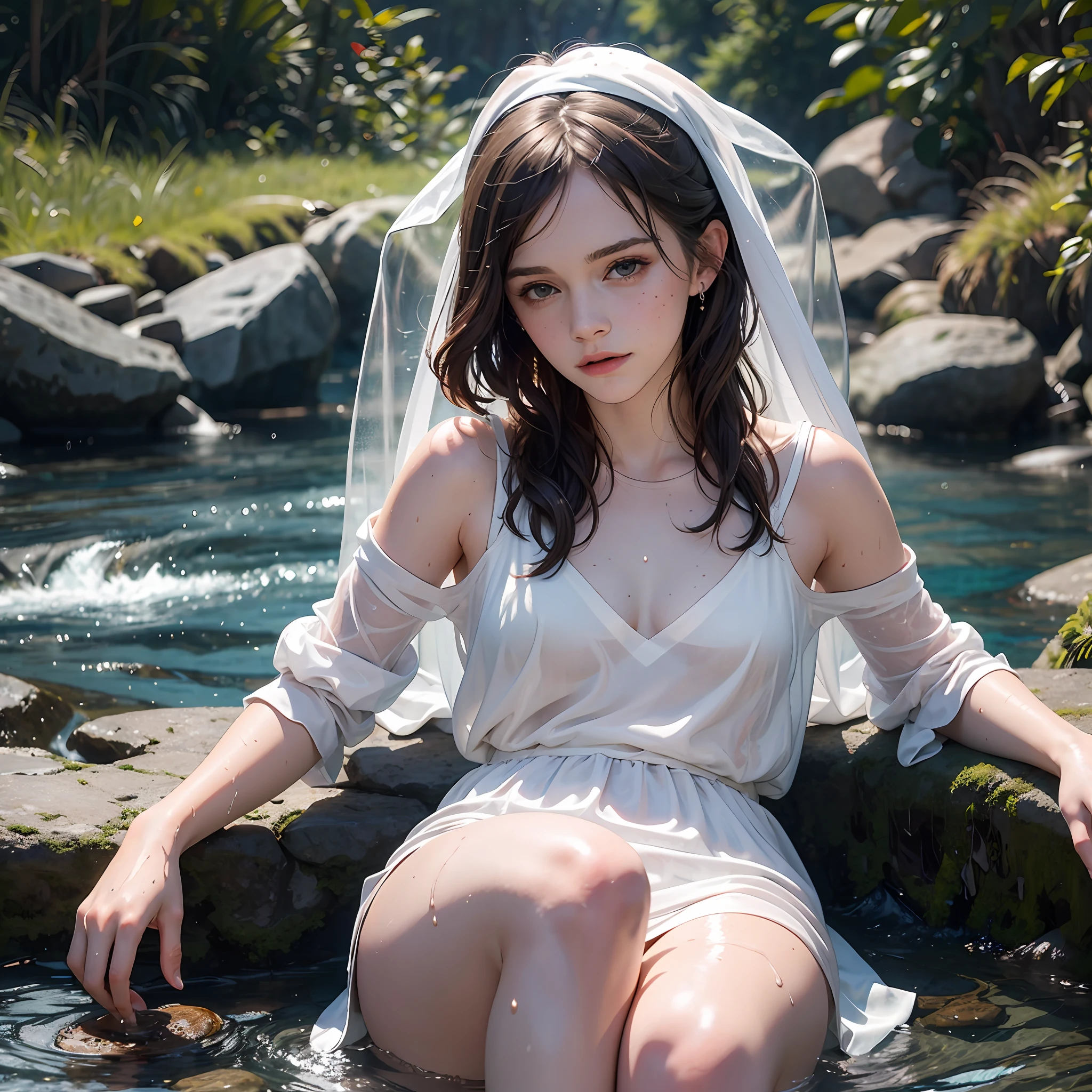 Emma Watson as a white priestess girl. Freckles. Intricate wet short dress. see-through. spread legs. Background river.