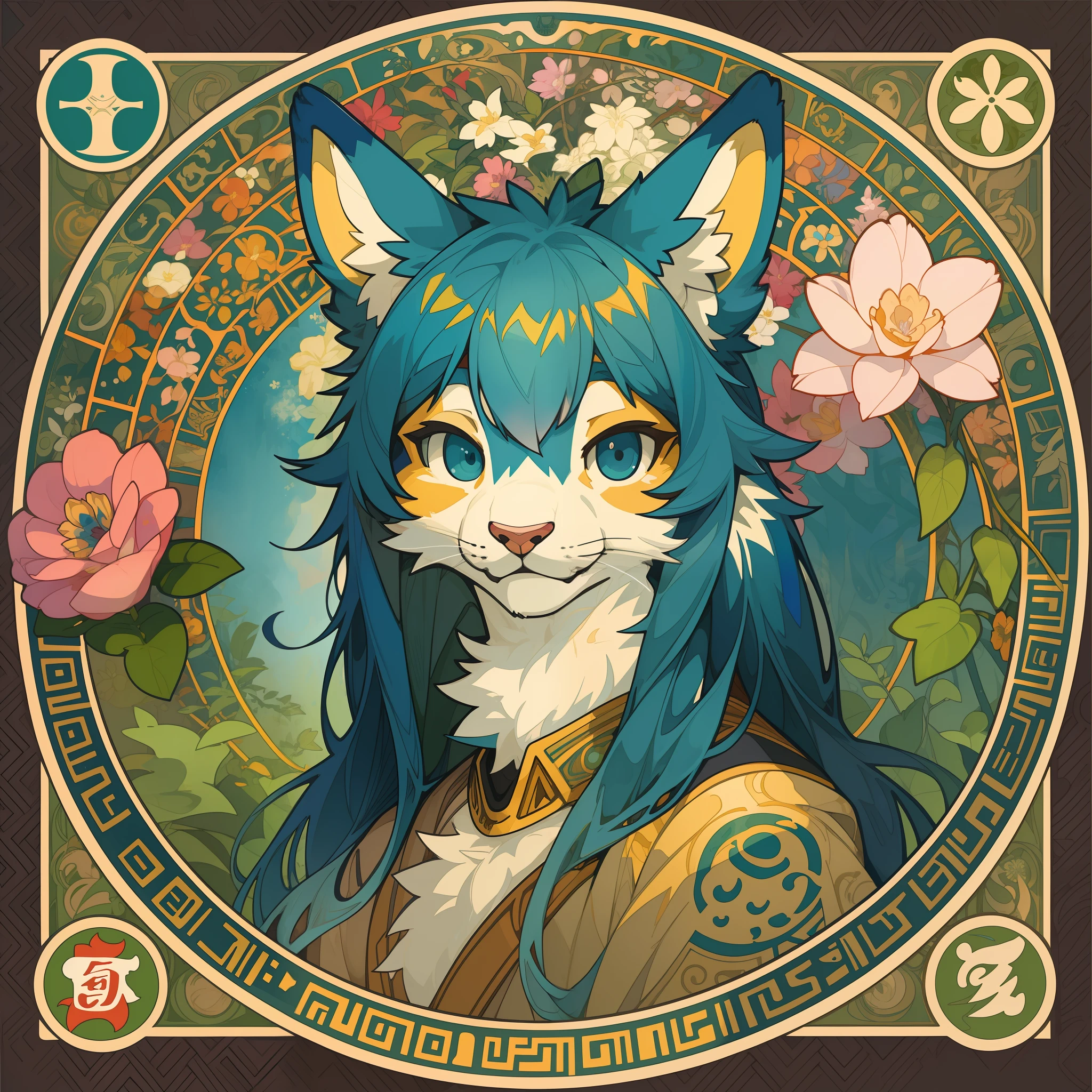 top quality, best quality, poster, rzminjourney, vector-art, High-quality illustrations by Alfons Mucha, masterpiece(kemono, furry anthro)logo mark, round, colorful ink splash flower,