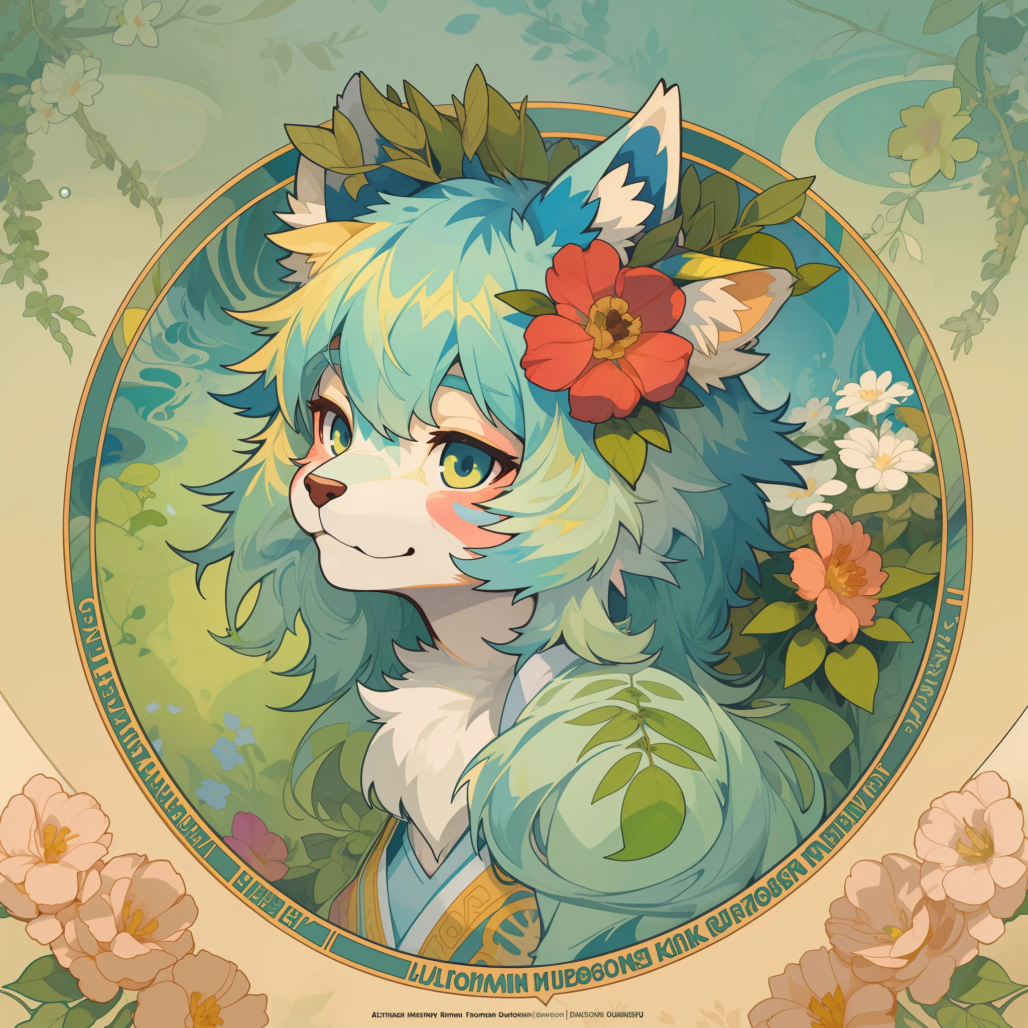 top quality, best quality, poster, rzminjourney, vector-art, High-quality illustrations by Alfons Mucha, masterpiece(kemono, furry anthro)logo mark, round, colorful ink splash flower,