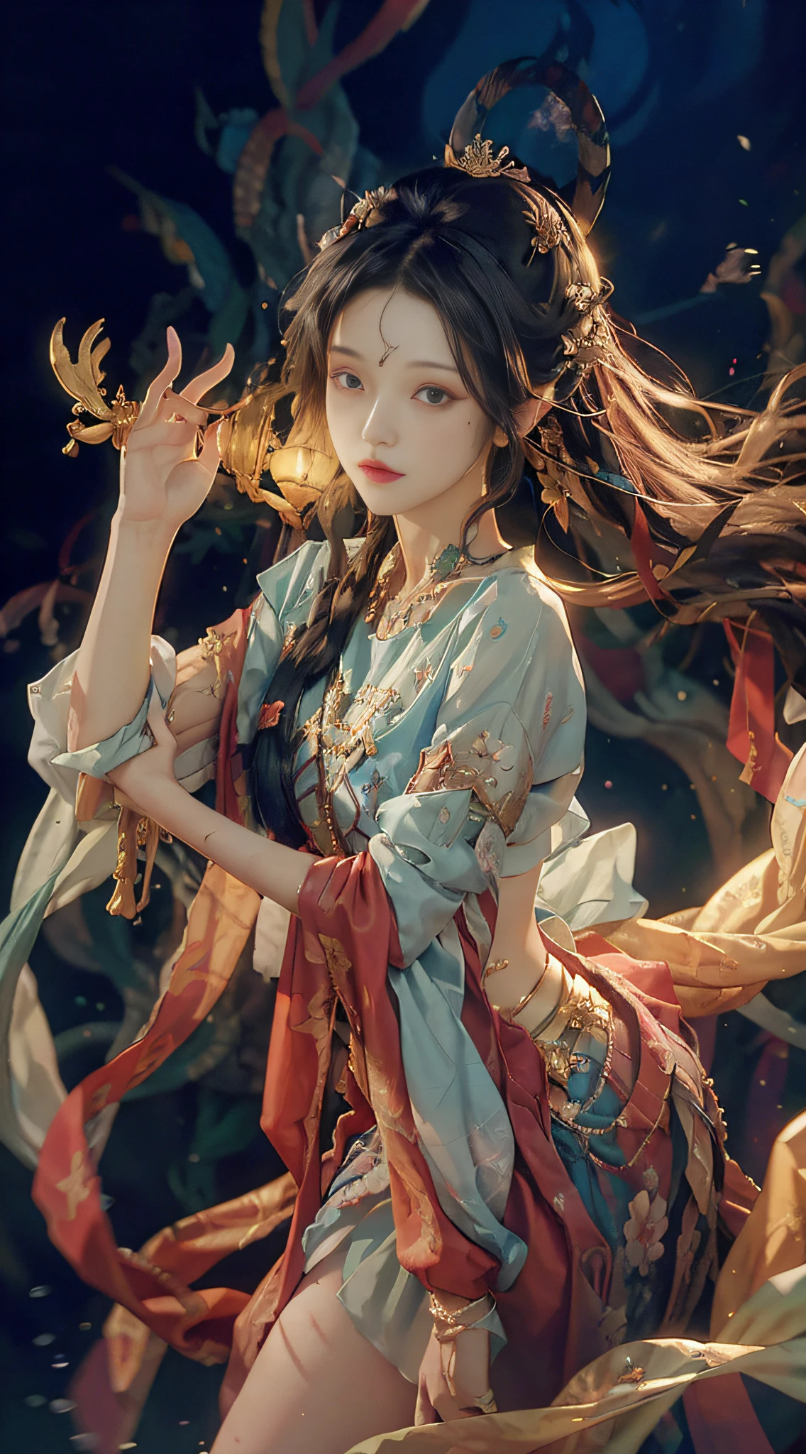 (absurdres, highres, ultra detailed), 1girl, solo, mature, (long hair), fanasy, long sleeve, elegant, holy, colorful, highest detailed, underwater, floating hair, flower