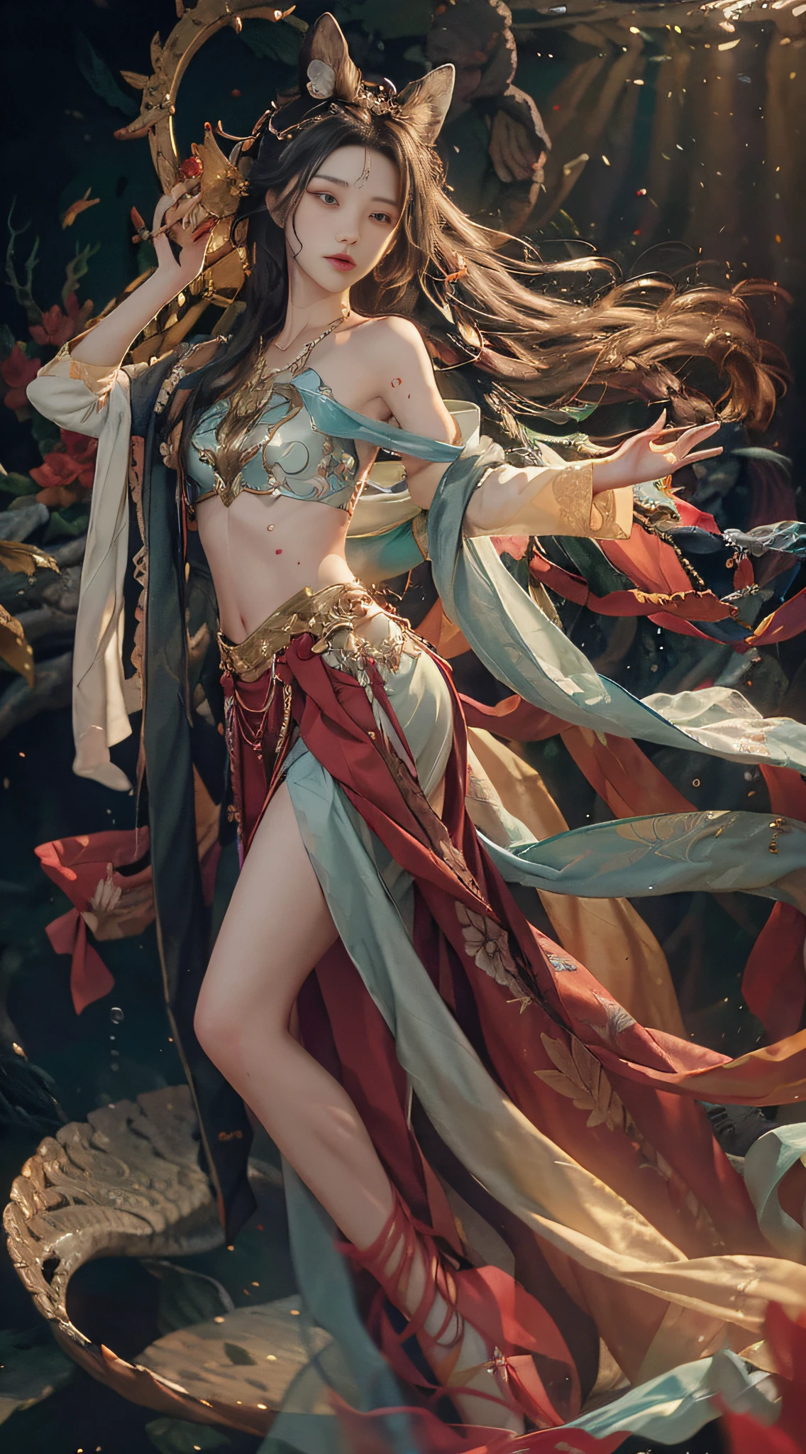 (absurdres, highres, ultra detailed), 1girl, solo, mature, (long hair), fanasy, long sleeve, elegant, holy, colorful, highest detailed, underwater, floating hair, flower