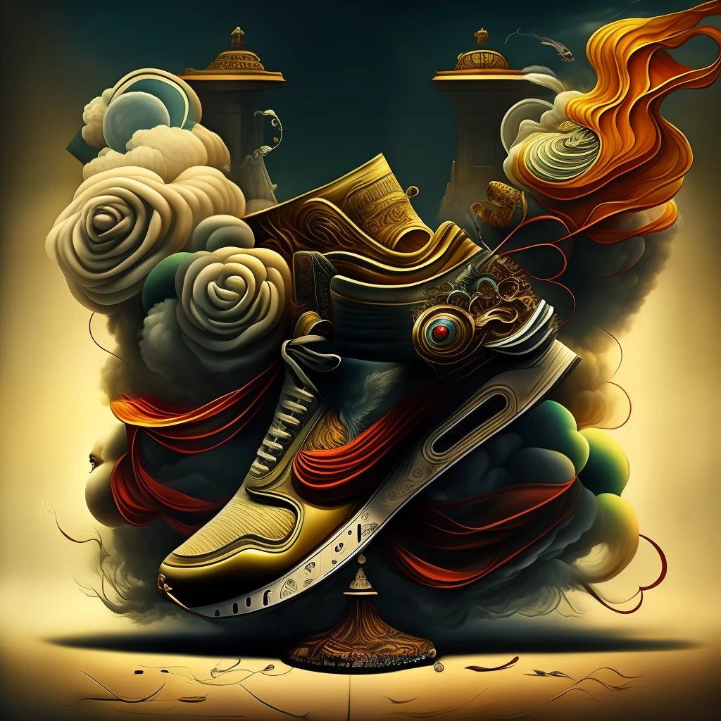 (surrealsteampunkai:0.5), (shoeai), a sneaker baroque style, powerful explosion