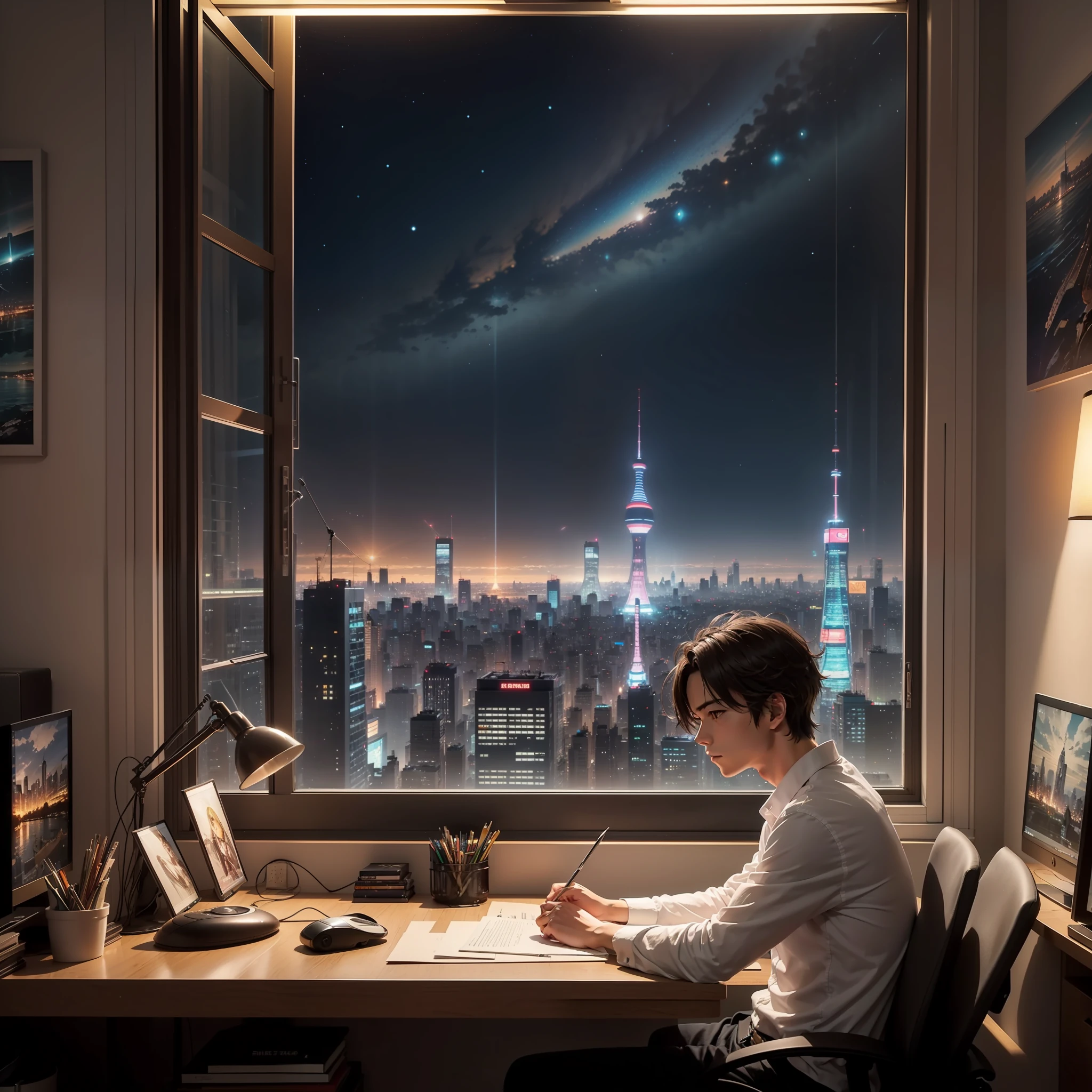 beautiful illustration of one male in his art studio apartment sitting at his computer desk which is in front of a window which looks out to a futuristic city at night, japan, anime manga style, aesthetic, scene from the movie'your name'makoto shinkai