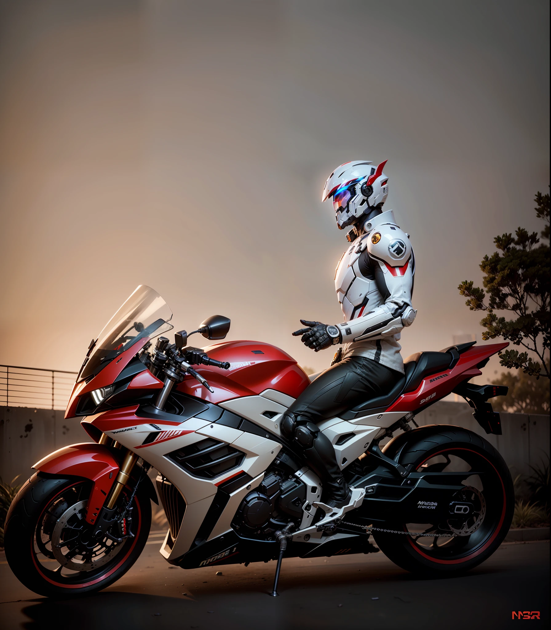 Handsome full body white mech Cyber Handsome Warrior, White Mech Clothes, Red Cyber Mechanical Motorcycle, High-Tech Black Full Surround Helmet, White Short Hair, Nousr, Biomechanics, MSHN Robot Man, High-Tech Helmet, Hyperreal, Steel, Intricate Design, Crazy Details, Fine Details, Extremely Clear Lines, Cinematic Lighting, Photo Realistic, Detailed Masterpiece